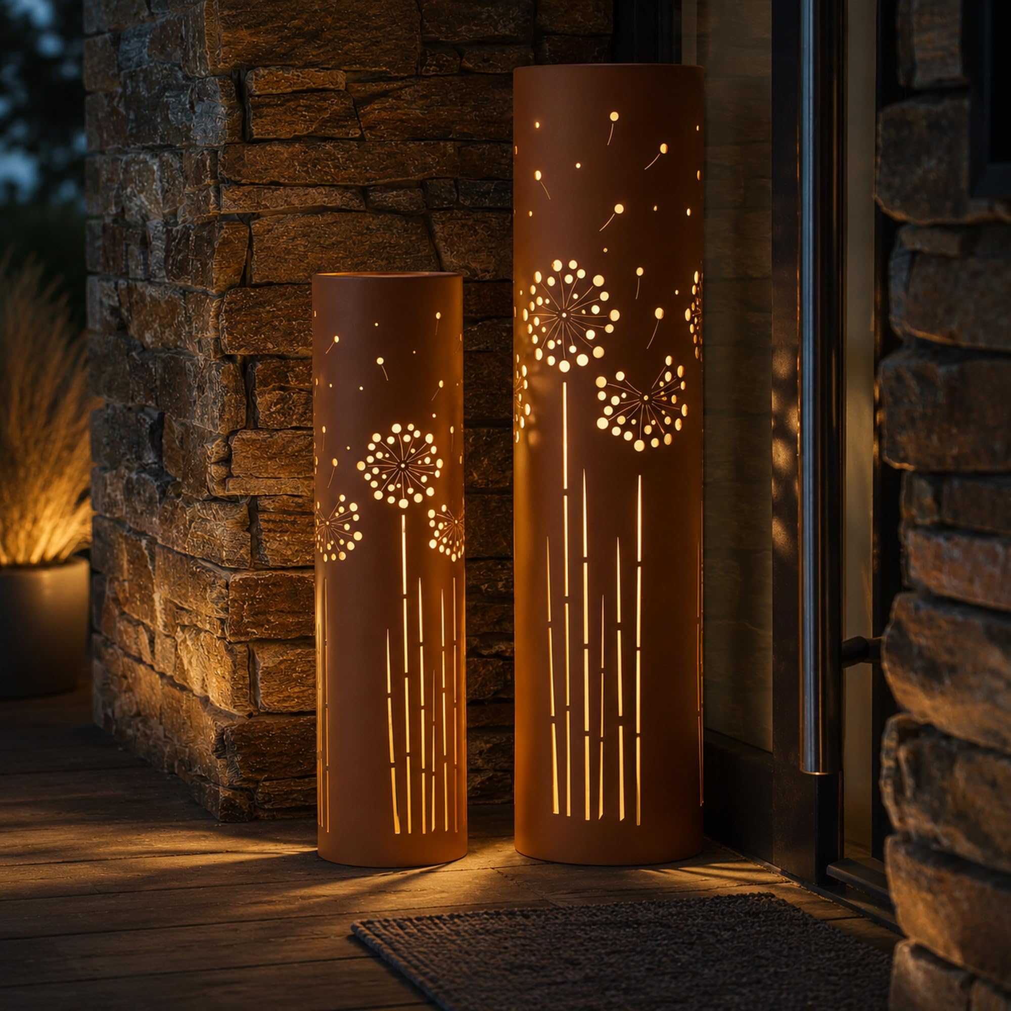 Set di 2 lampade solari UNUS per il giardino 60 cm e 80 cm, con margherita, lampade da giardino per esterni in marrone ruggine, lampada solare per esterni come illuminazione da giardino