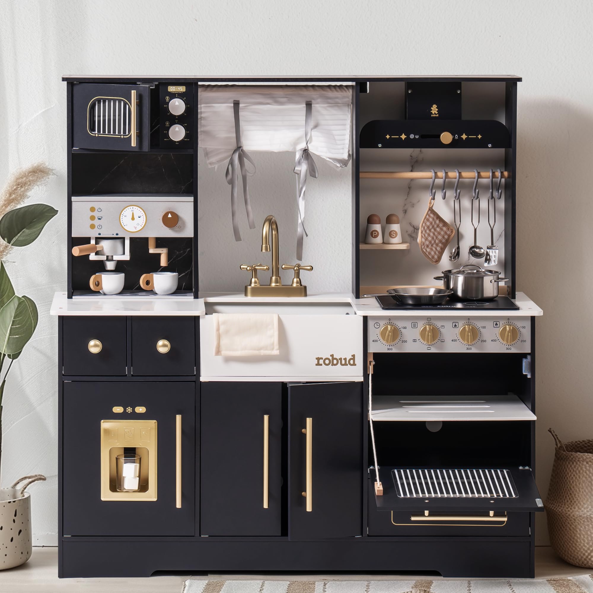 robud wooden play kitchen set for kids, pretend toy kitchen with ice maker, coffee machine, oven, microwave, cabinet, utensils, ideal gift for boys and girls ages 3+, black