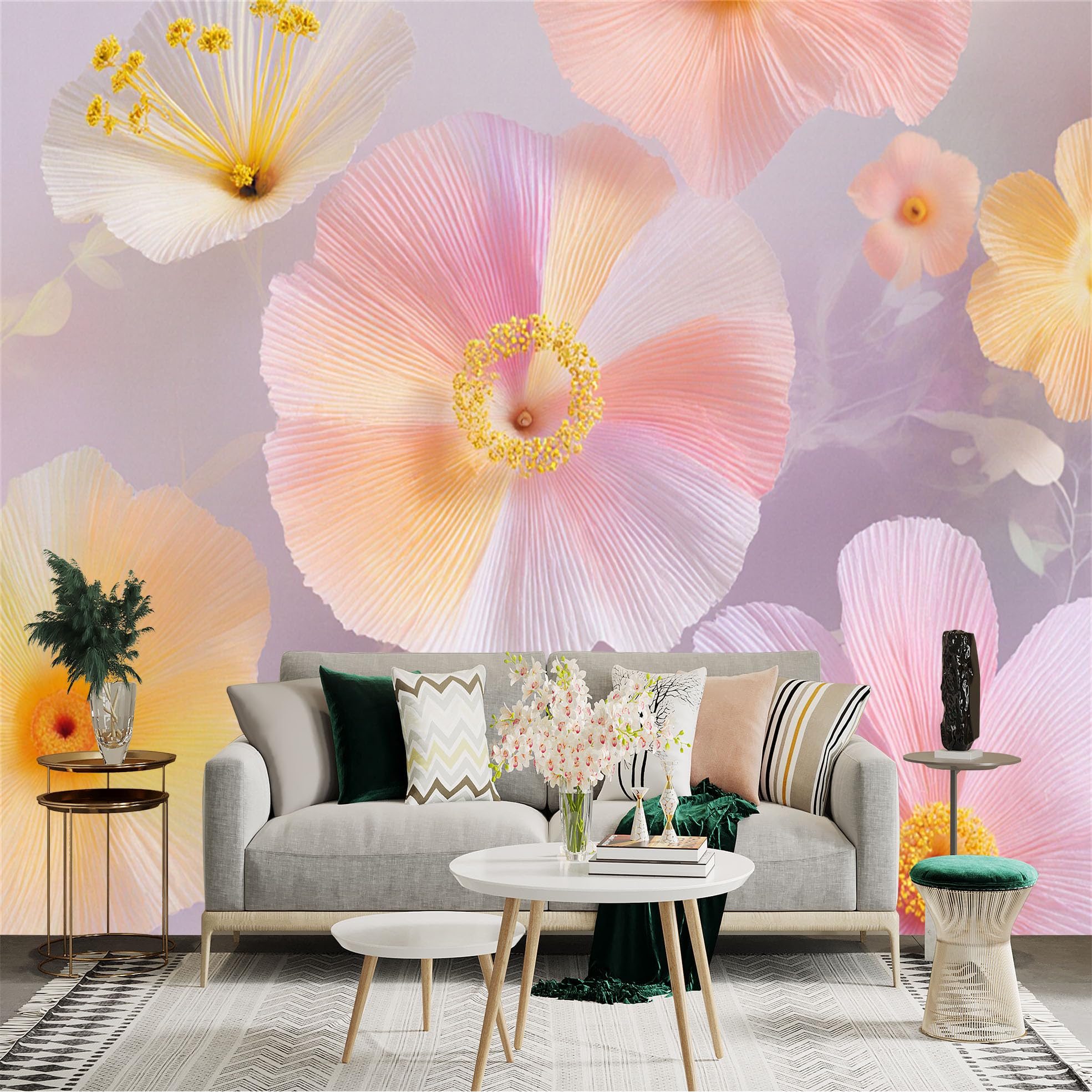 Custom Size Wall Sticker Mural， Soft Pastel Watercolor Flowers， Aesthetic Blooming Floral Art， Elegant Botanical Petals， for wall Decoration， peelandstick wall Decals.