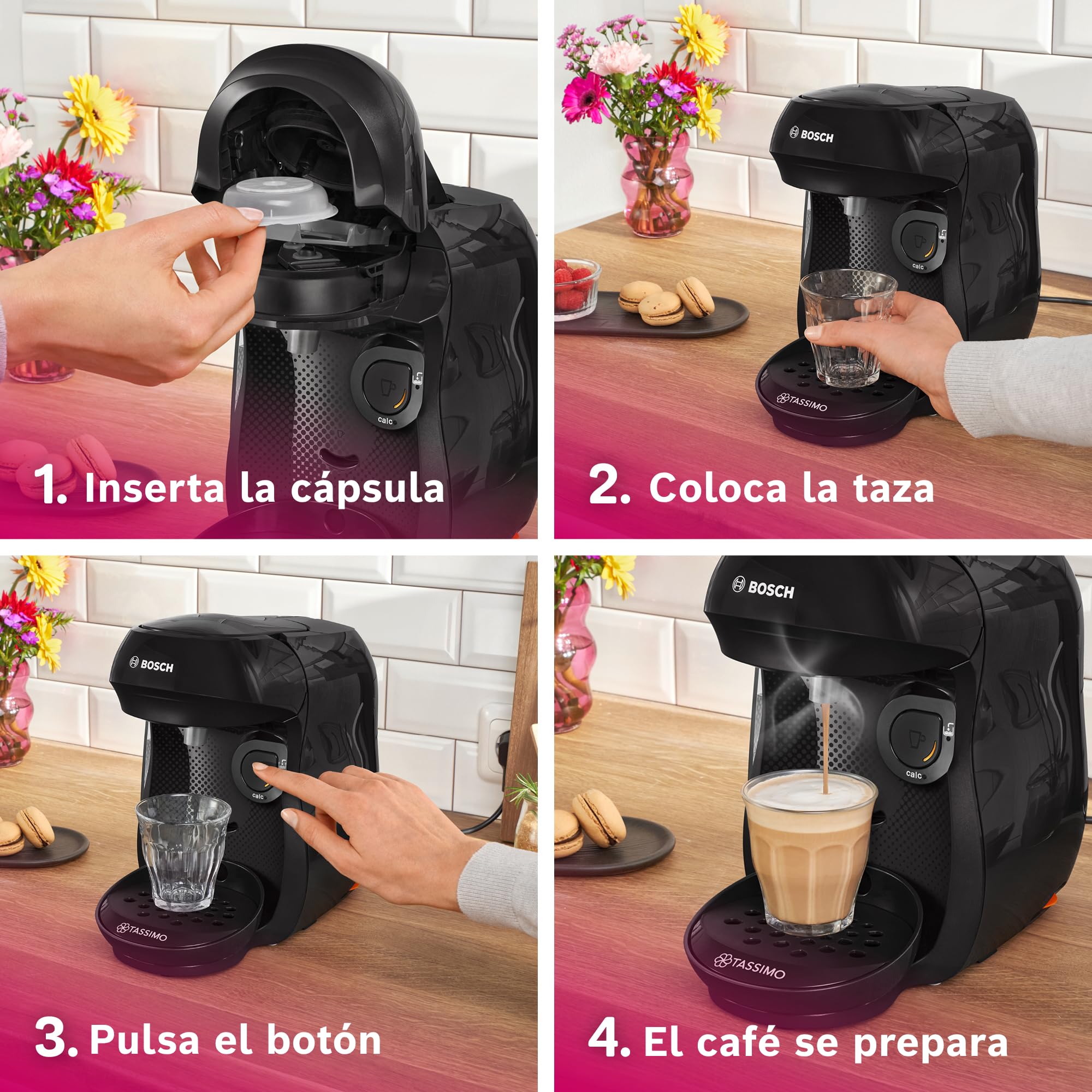Bosch - Cafetera Tassimo Happy Friendly, Pastillas Descalcificadoras incluidas, Hasta 70 bebidas, OneTouch, INTELLIBREW™, Negro, TAS102EA