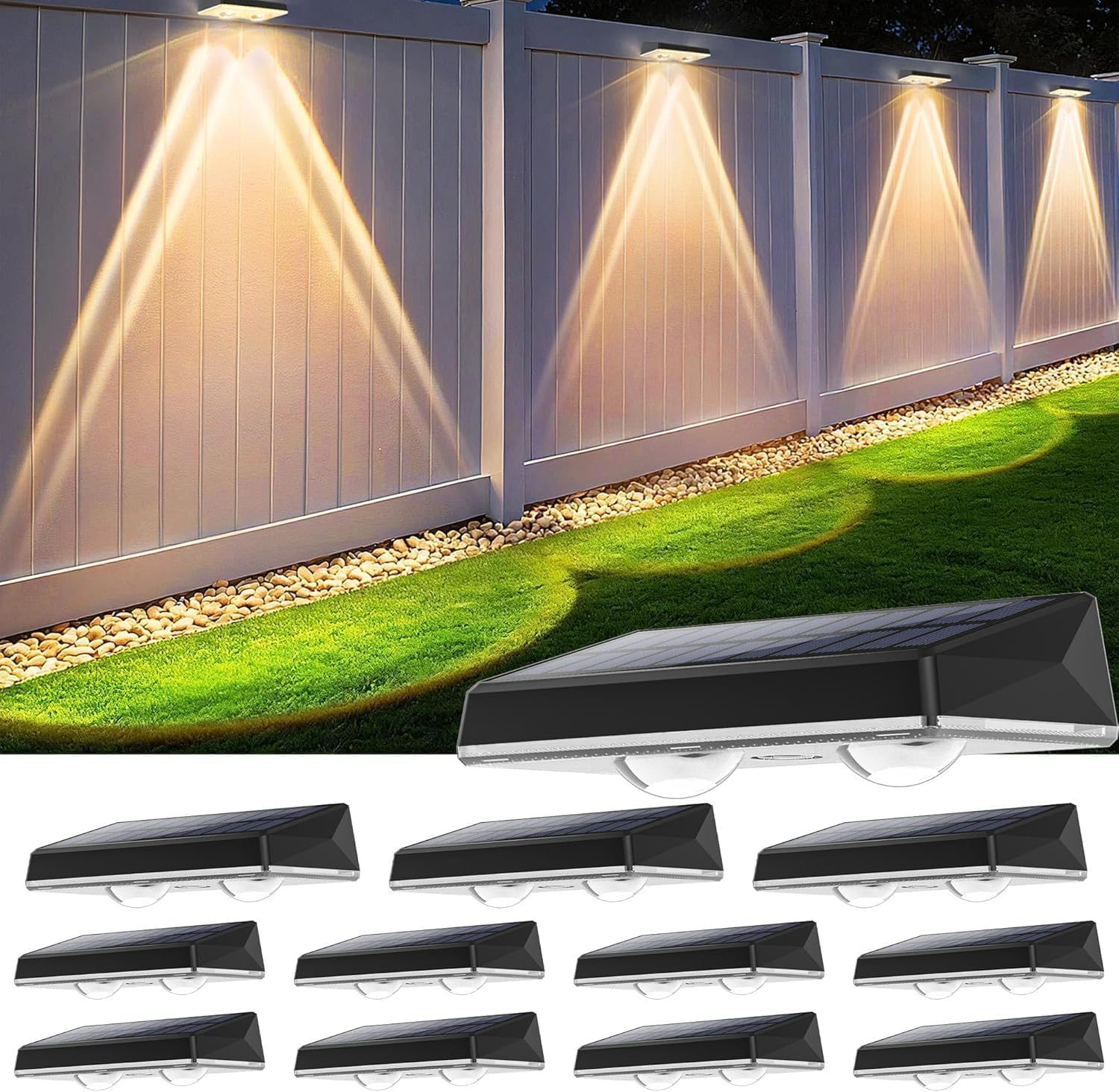 Aplique de exterior solar impermeable IP67, 12 piezas luz solar LED exterior blanco con 3 modos lámparas solares de exterior para patio, jardín y valla
