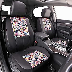 CAR-GRAND Universal Fit Pretty Butterfly and Flowers PU Leather Car Seat Covers with Zipper Design, Full Set Package,Airbag Compatible (Black with Beige)
