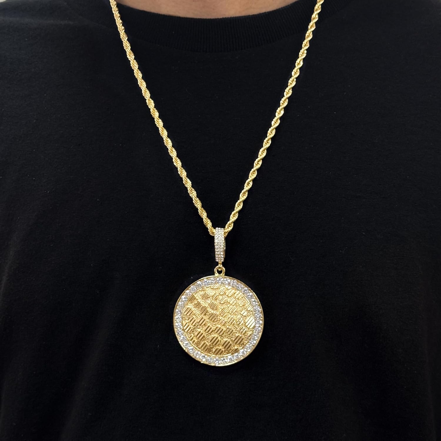 Techno Pave Men's Iced-Out Large Medallion Pendant with 5mm Rope Chain – Luxury Hip-Hop Necklace - Nugget Pendant in Gold Finish - Image 3