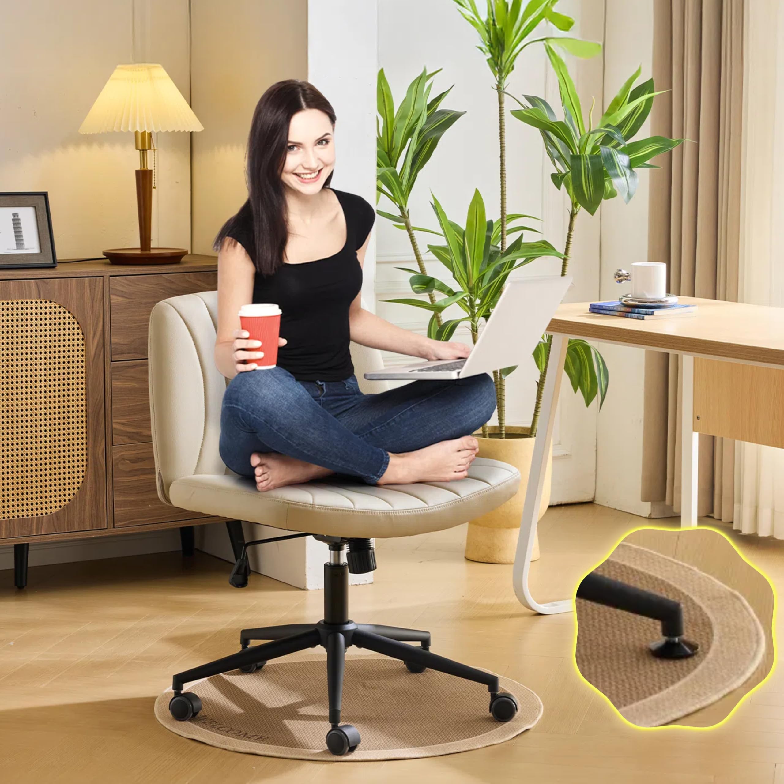 VINGLICriss Cross Legged Chair,Wide Comfy Office Desk Chair,Dual-Use with/no Wheels Computer Task Chair,Swivel Armless Vanity Rolling Chair for Study,Make Up,Home Office,Cat Scratch PU Leather,Khaki