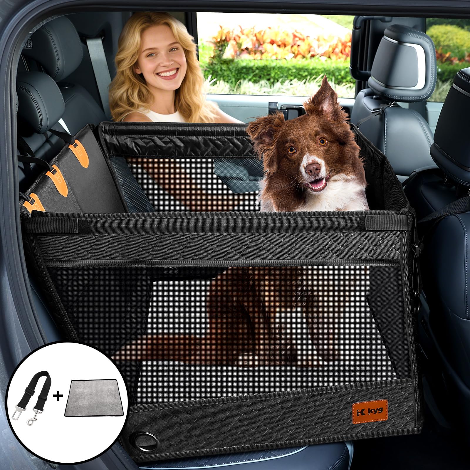 KYG Siège Auto pour Chiens de Grande Taille avec Tapis, Protège-siège Extensible imperméable pour Chien avec 3 fenêtres en Maille, Siège pour Animal Pliable pour Voitures/Camions/SUV