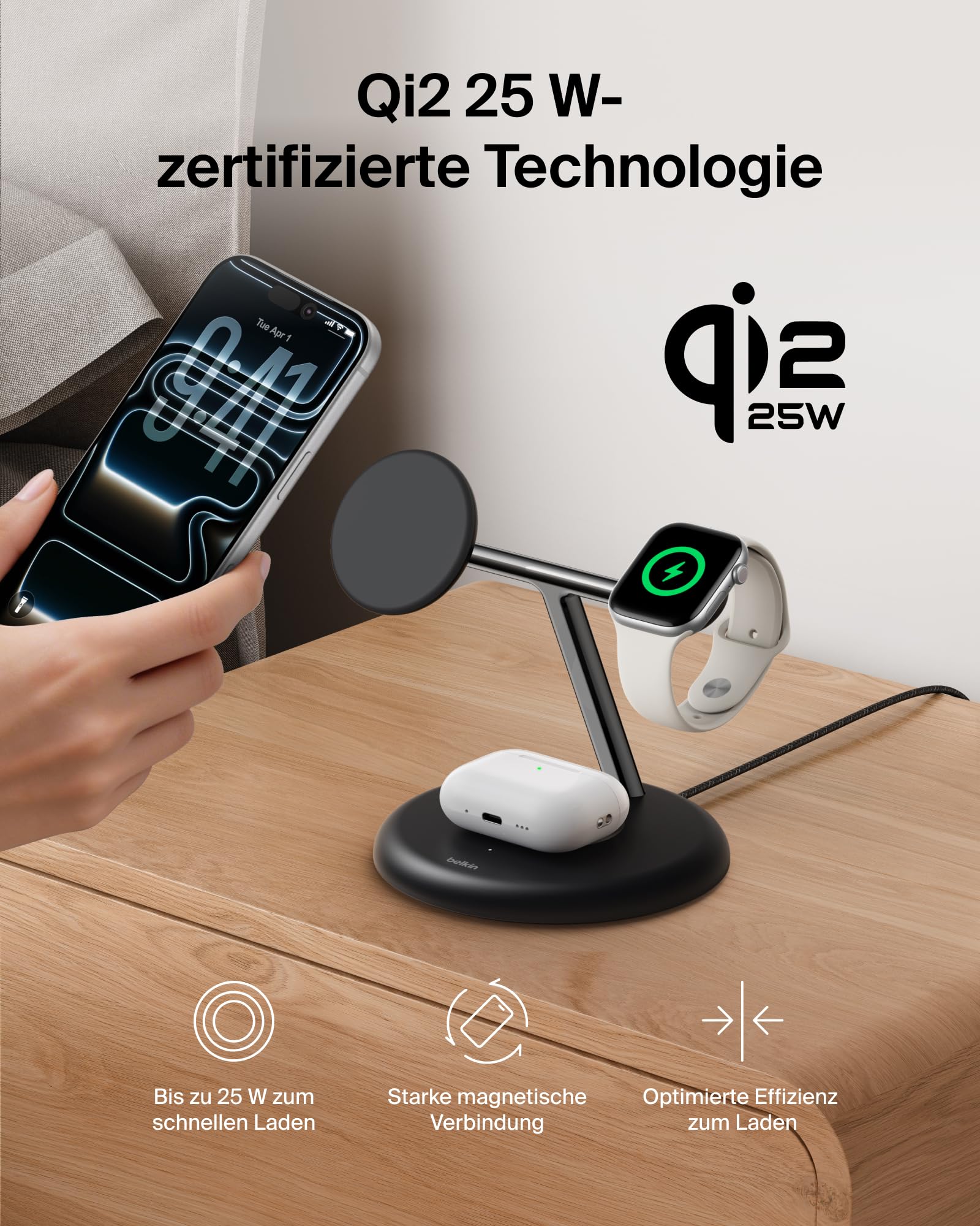 Belkin UltraCharge 3-in-1 Induktive Ladestation mit Qi2, 25W – Schwarz | Qi2.2-zertifiziert, MagSafe Kompatibles Kabelloses Ladegerät für iPhone, Apple Watch, Kopfhörer; USB-C-Kabel, 45W Netzteil