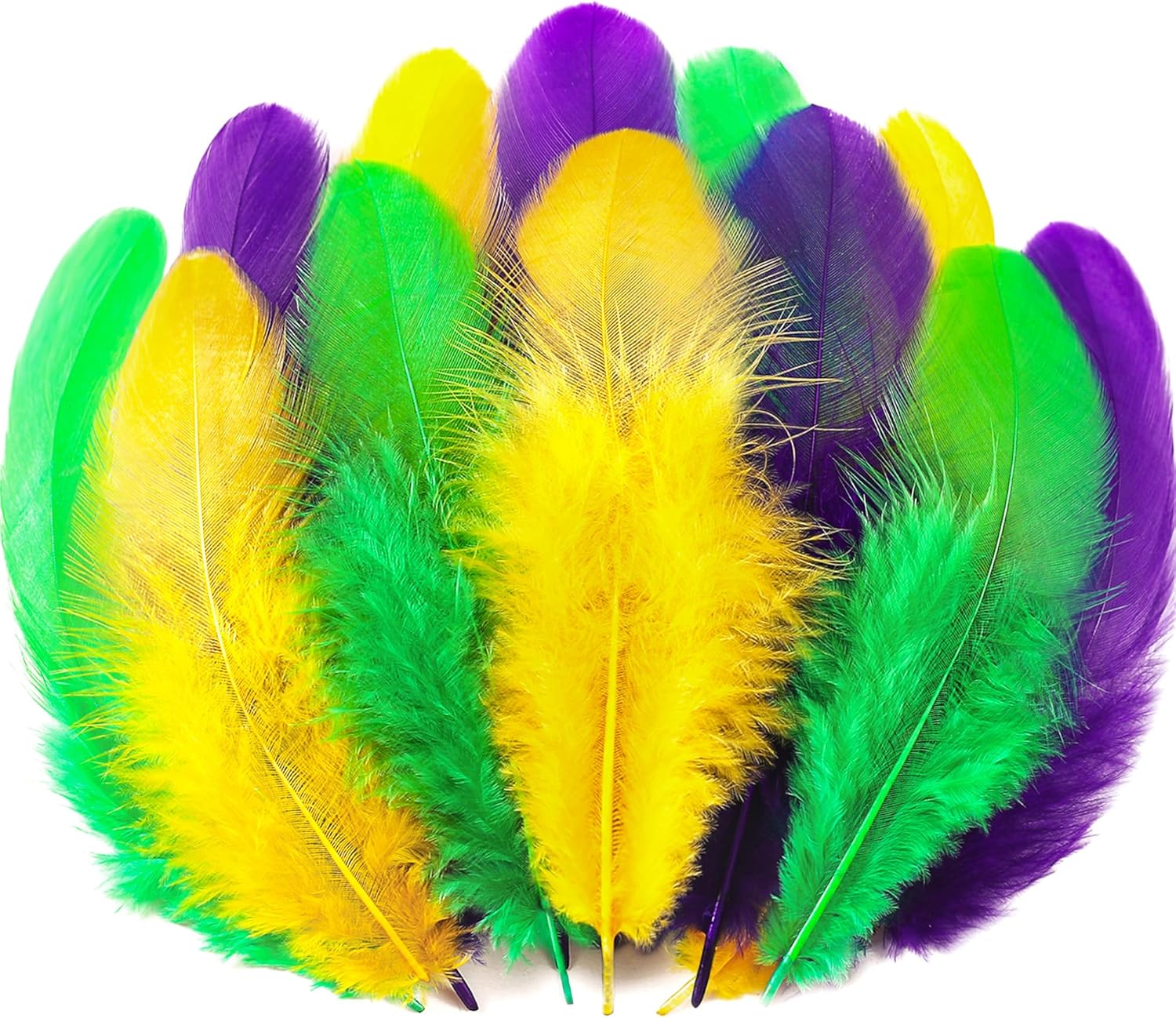 Soarer 300pcs Mardi Gras Feathers for Crafts - 3-5inch Feathers Bulk for Wedding Home Party, Dream Catcher Supplies and DIY Crafts(Mardi Gras)