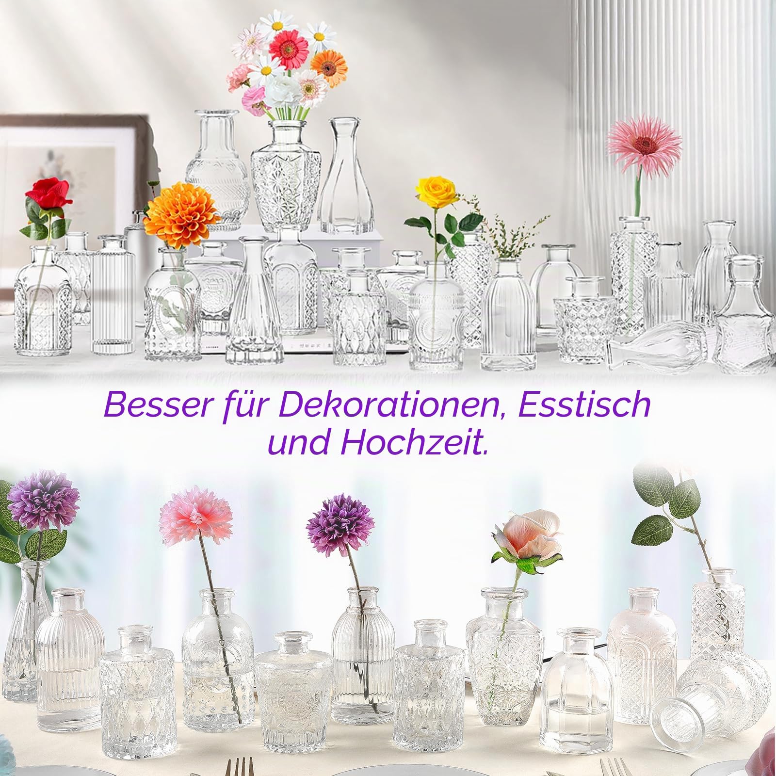 Kleine Vasen Set 24er Mini Vase Glas Vintage Hochzeit Kristalle Klare Blumenvase Verschiedene Groessen Modern Schmal Glasvasen Tischdeko Fur Blumen Deko Wohnzimmer Bad Muttertagsgeschenk