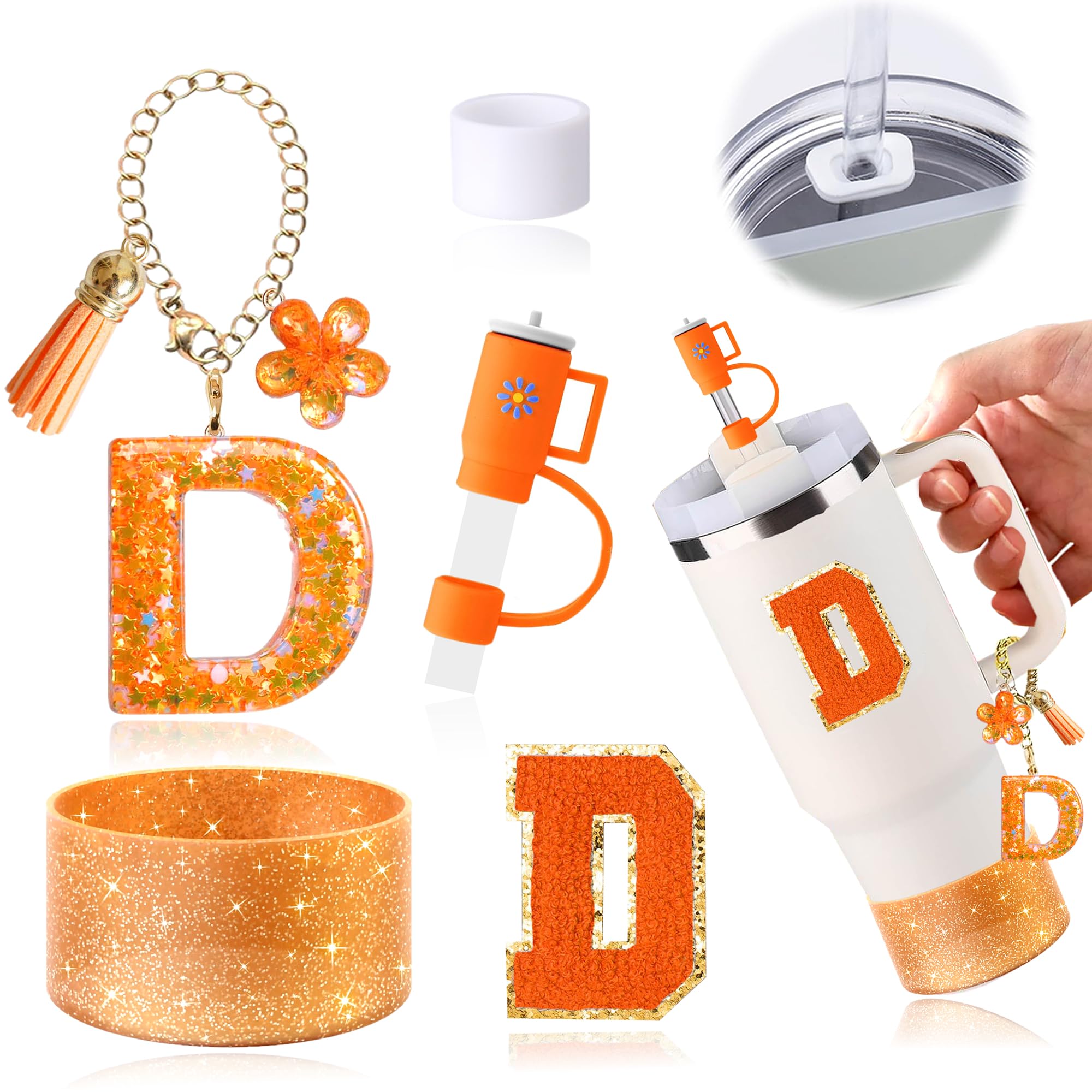 Stanley Cup Accessories Set Of 6 PCS, Including Letter Stickers, Letter Chains, Straw Caps, Cup Sleeves, And Spill Proof Stoppers, Orange, 30 Oz 40 Oz