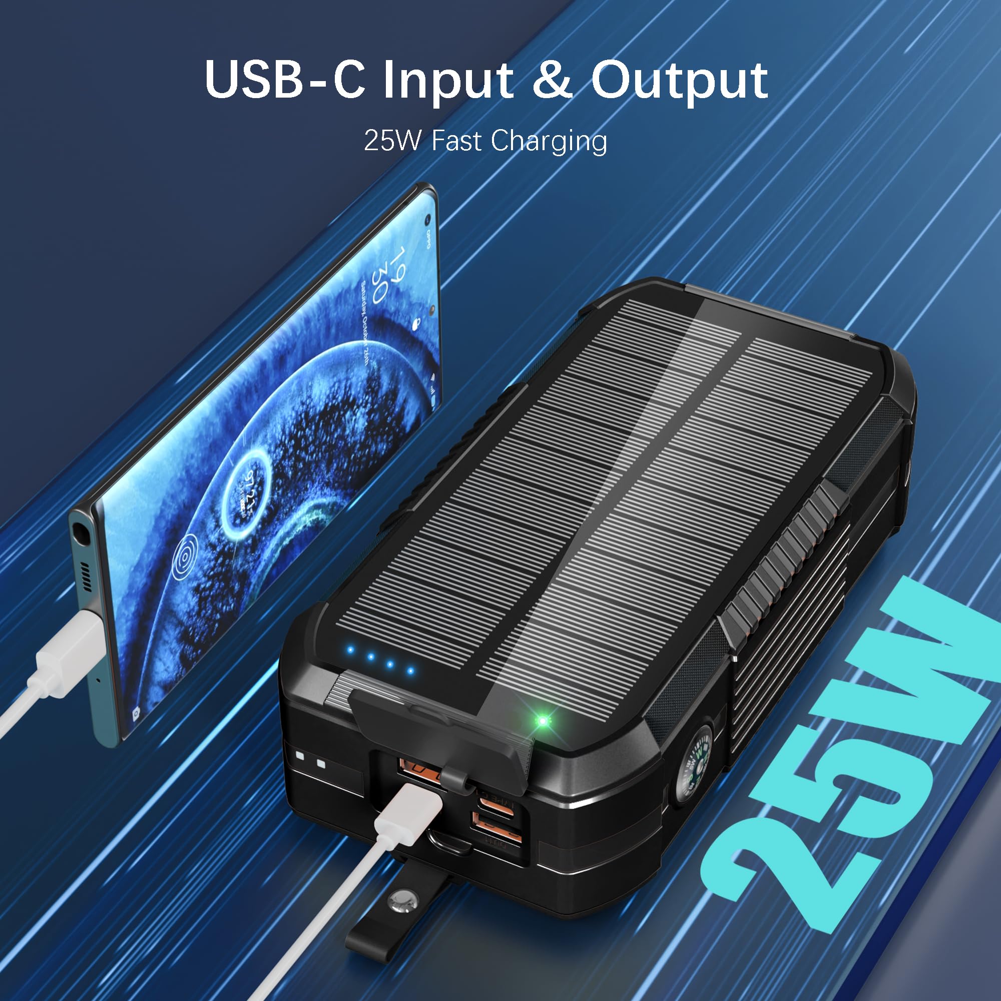 Batería externa inalámbrica solar de 70000 mAh integrada en 2 cables y manivela, cargador portátil de 30 W, cargador rápido, 6 salidas y 4 entradas, batería externa con linterna brillante