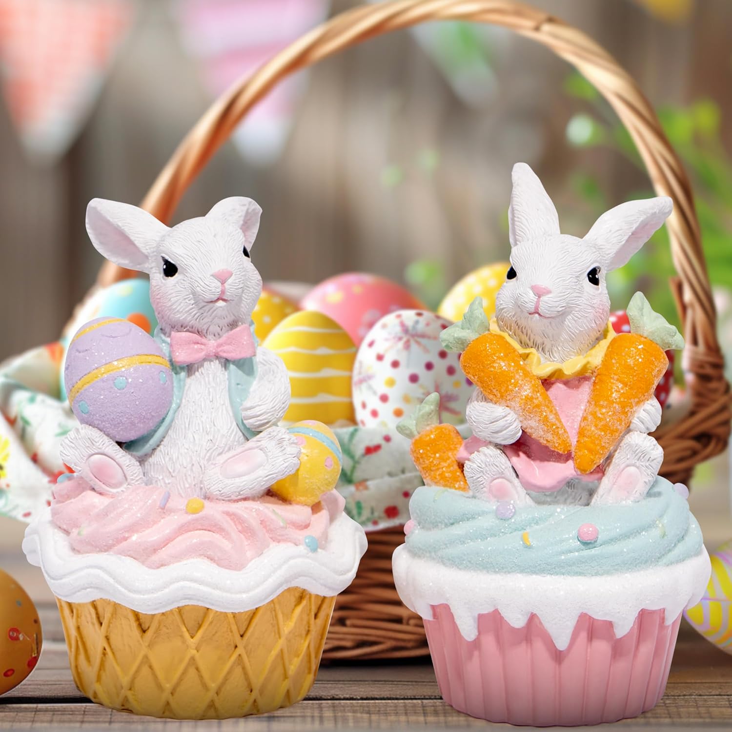 Hodao Easter Bunny Cupcake Figurines – Resin Bunny Easter Decorations with Carrots and Eggs – Cute Spring Tabletop Decor for Easter Celebration, Home, Office, Gifts (Set of 2 Cake White) - Image 5