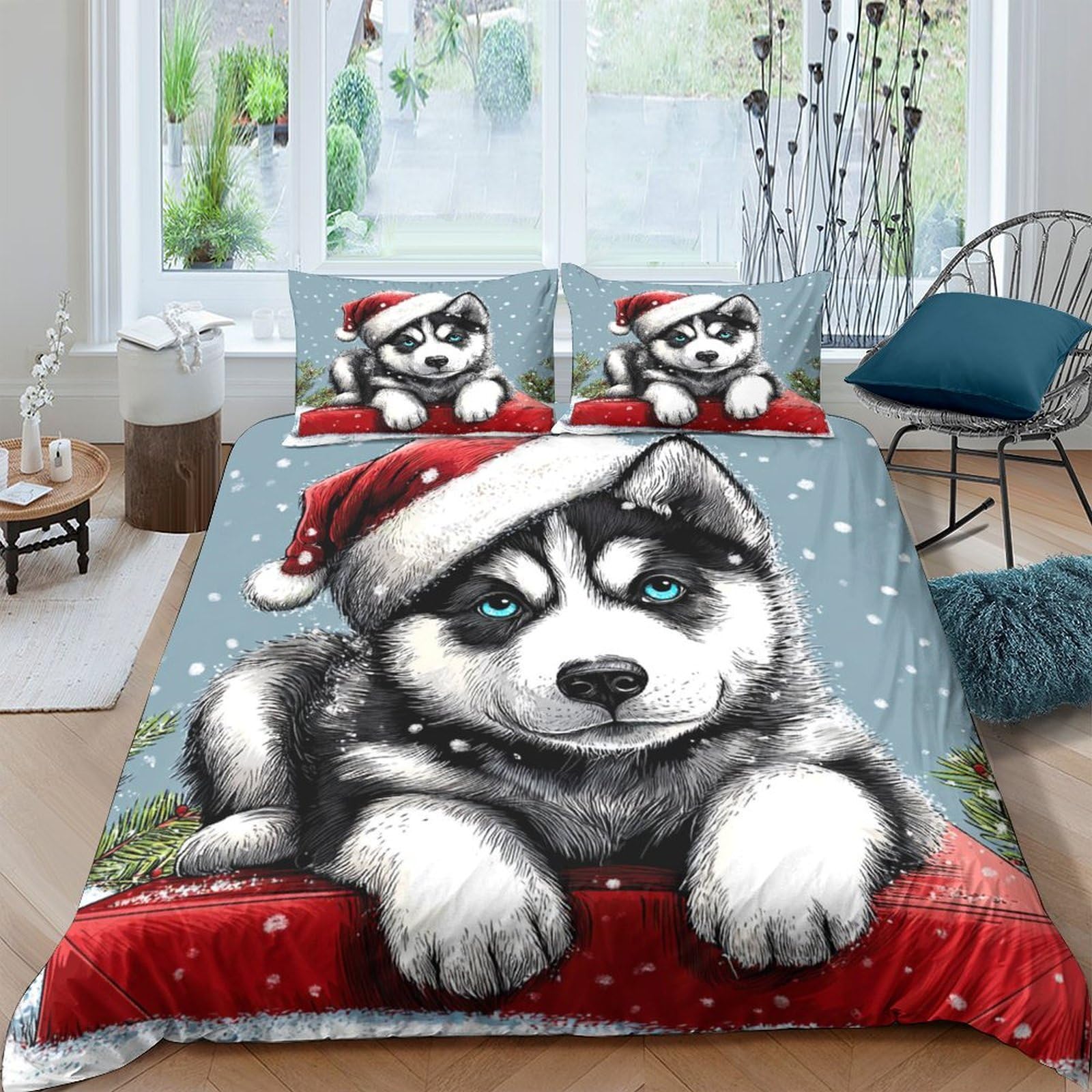 Ctjqhvkz Style-7 3D Printed Christmas Husky Fitted Sheet Microfiber Soft Breathable Santa Dog Mattress Cover For Bedroom Dorm Decor Single（135X200cm）