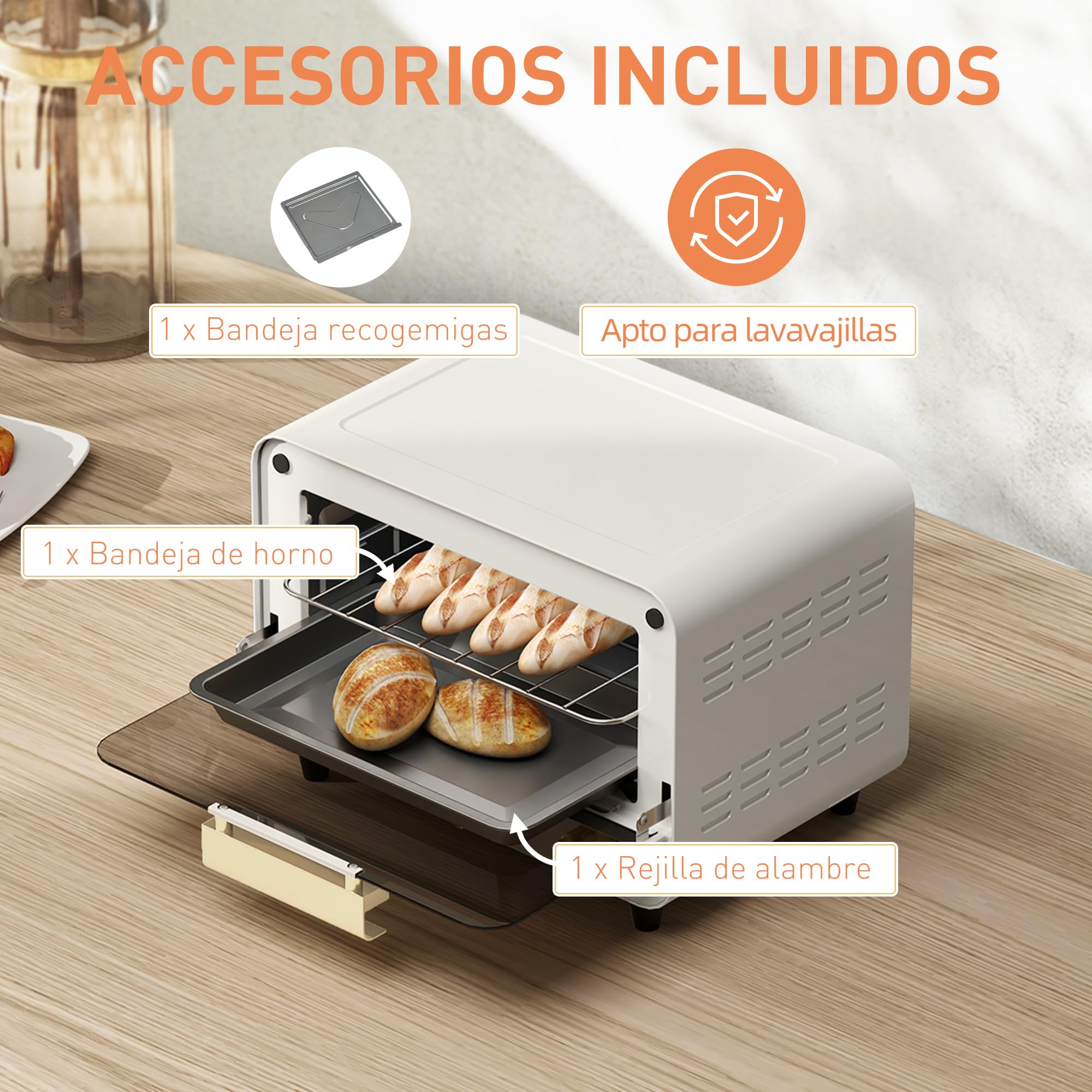 HOMCOM Horno Eléctrico de Sobremesa 12L 750W Temporizador Temperatura Ajustable 230℃ Blanco