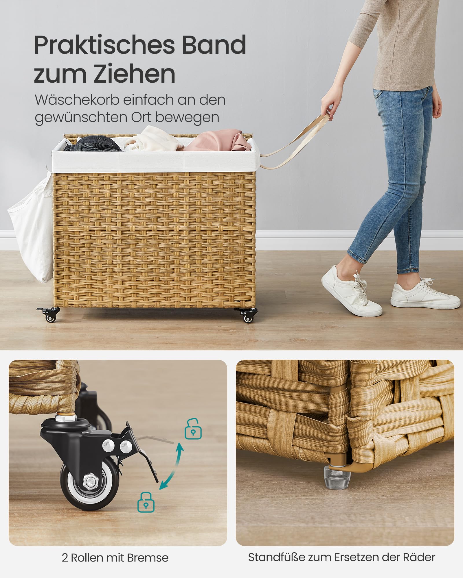 SONGMICS Wäschekorb mit Deckel, 160 L, Wäschesammler 3 Fächer, Wäschesortierer mit Rollen, in Rattan-Optik, Wäschesack herausnehmbar, für Waschküche, 76 x 33 x 66 cm, naturfarben LCB365N01
