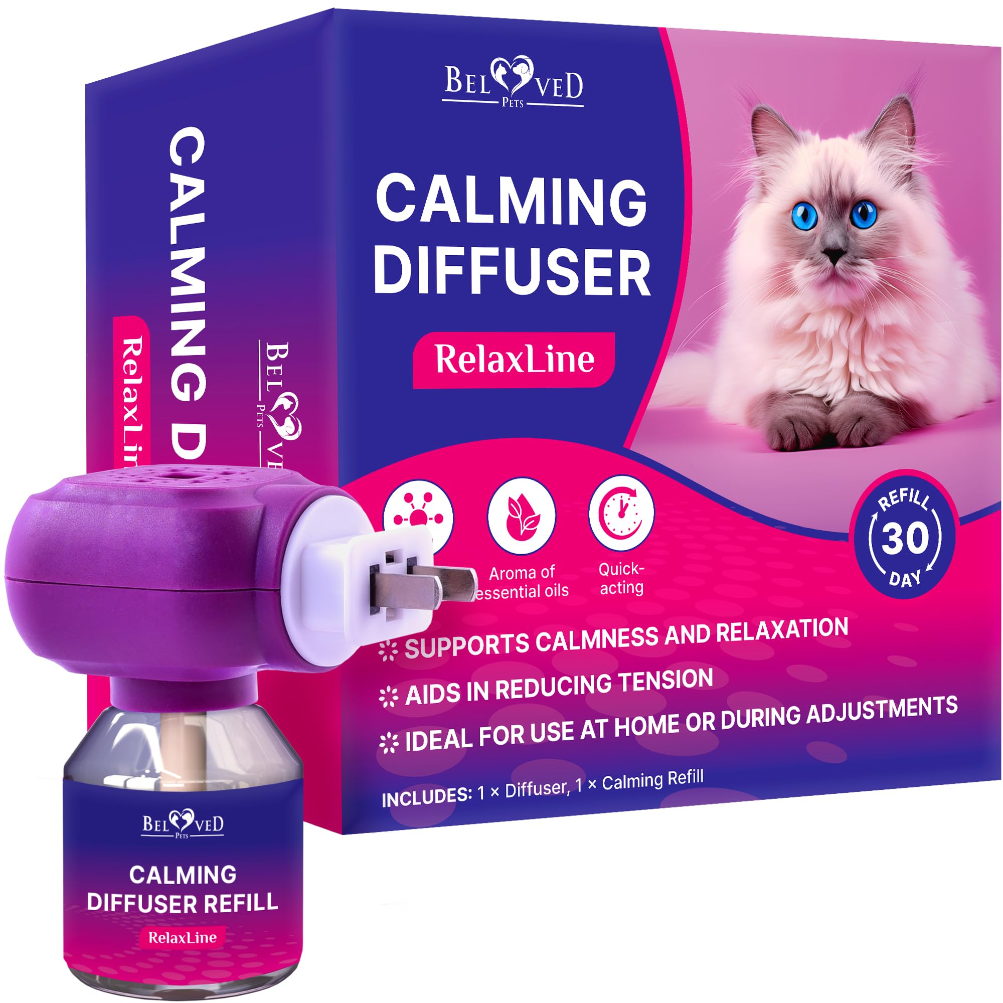 Beloved Pets Cat Calming Diffuser & Pet Anti Anxiety Products - Feline Calm Pheromones Plug in & Cats Stress Relief Comfort Helps with Pee, New Zone, Aggression (1 pack (1 Diffuser + 1 Refill))