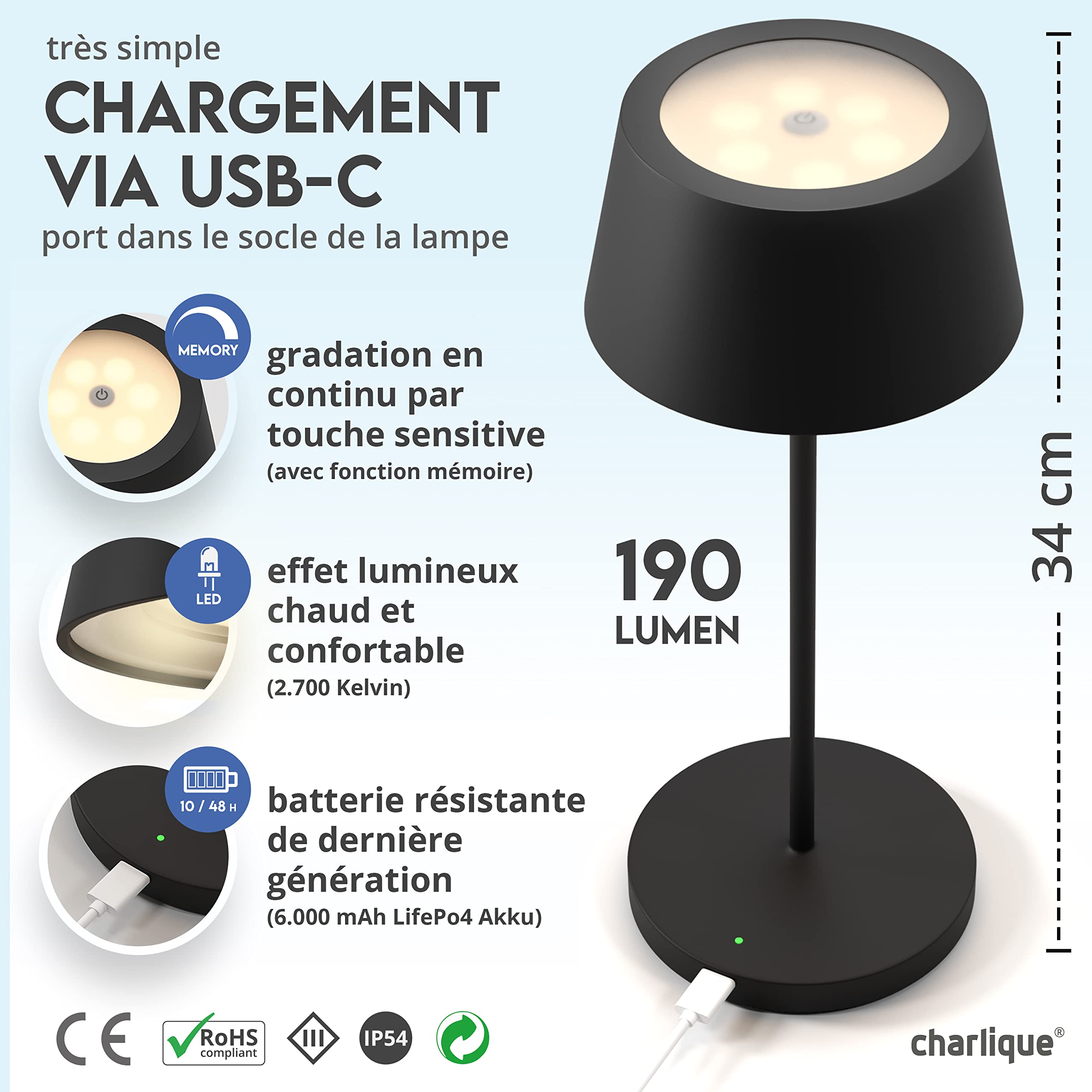 Dinner Light 2 - Lampe LED à poser rechargeable par USB en noir – lampe nomade tactile sans fil avec variateur – batterie puissante – aussi pour l’extérieur