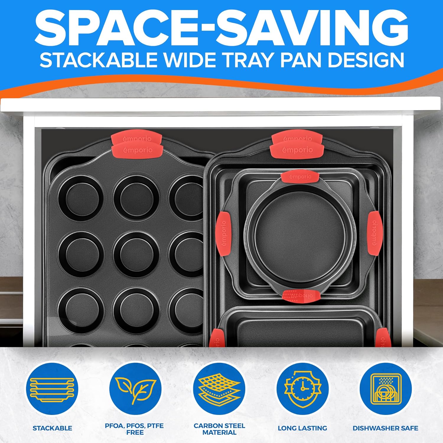 Baking Pan Set - Nonstick Coating, Carbon Steel Bakeware Set with Red Silicone Handles, PFOA, PFOS, PTFE Free, Recipe Booklet Included, Oven Safe Tray (Up To 450° F), Set of 25 - Black