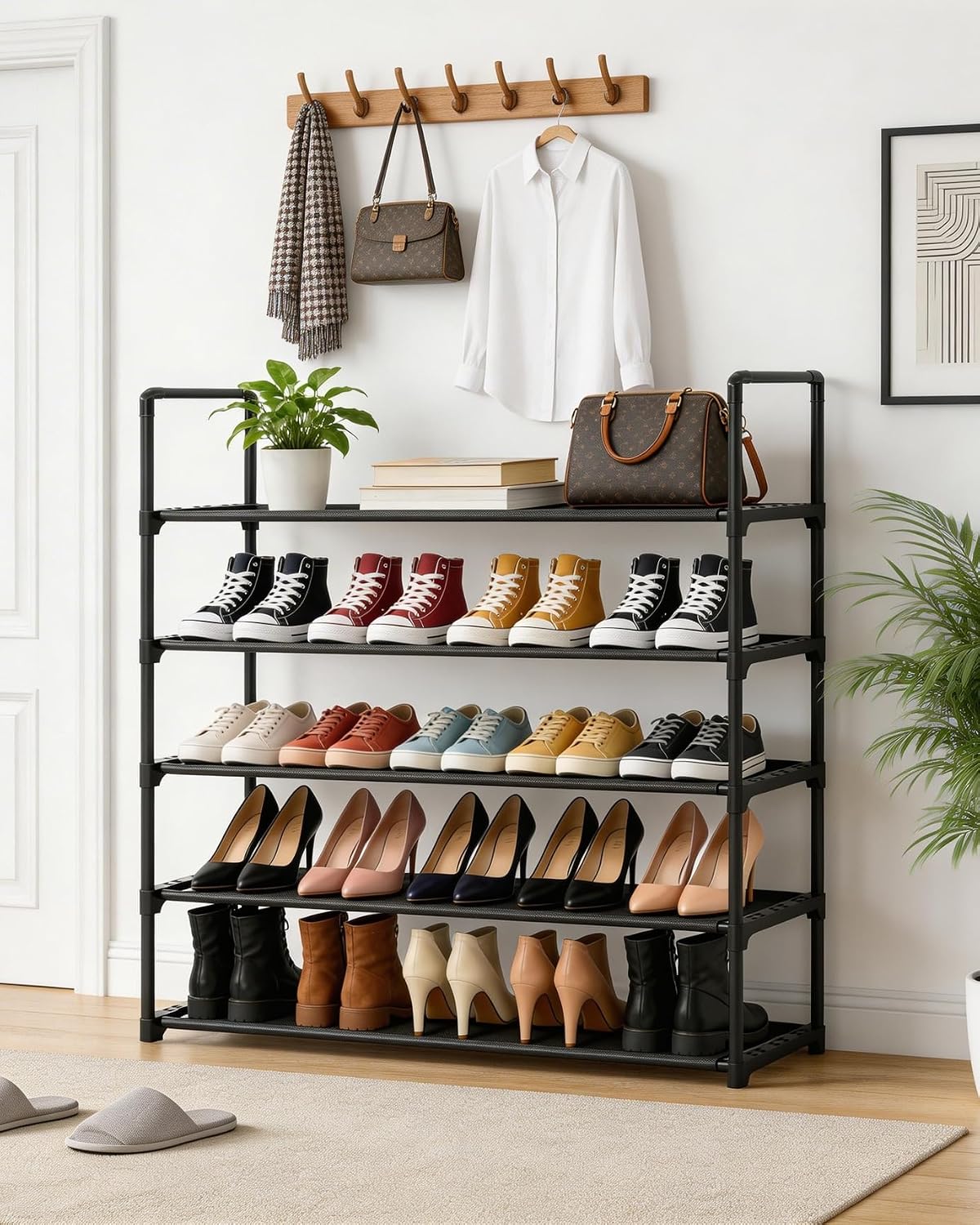 5 Tier Shoe Rack Large Capacity, 34.3" Wide Adjustable Shoe Organizer for 20-25 Pairs, Sturdy Non-Woven Shoe Rack Shelf Multi-Purpose Storage Unit for Closet, Hallway, Entryway,Garage,Black