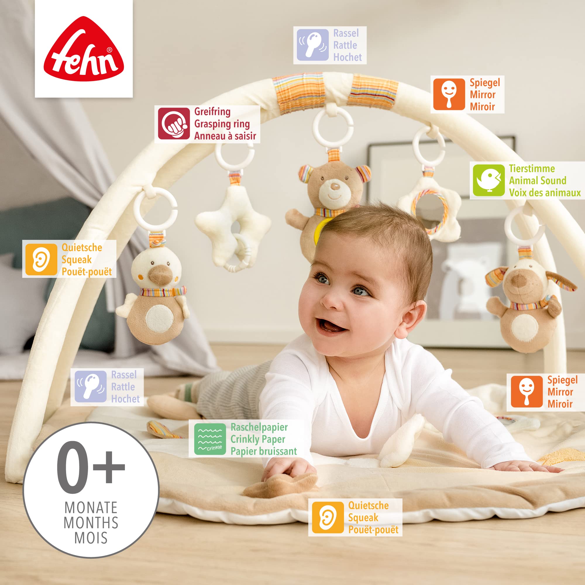 Fehn 3-D-Activity-Decke Spielbogen Rainbow – Baby Krabbeldecke mit 5 abnehmbaren Spielzeugen zum Greifen – Spieldecke für Babys und Kinder ab 0+ Monaten – Krabbelmatte als Geschenk zur Geburt