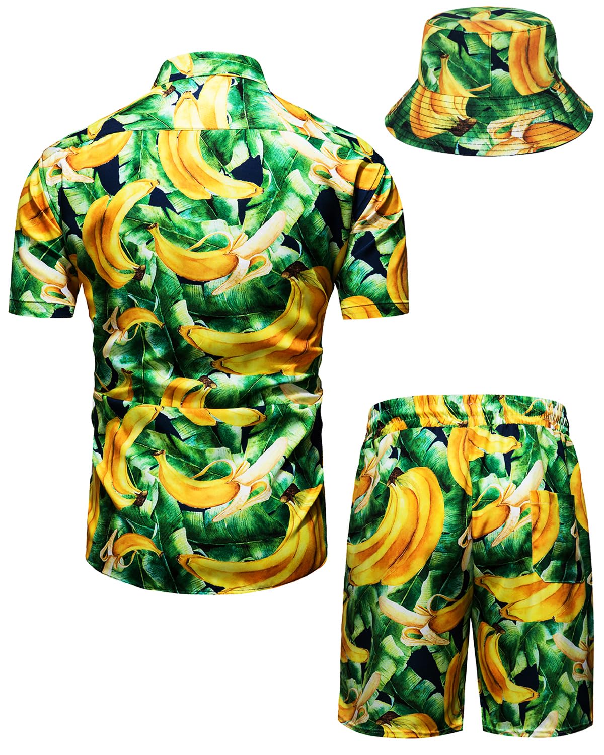 TUNEVUSE Herren Hawaiihemd und Shorts Set, 2-teiliges tropisches Set, Blumen Bedruckte Knopf Strand Set mit Hut