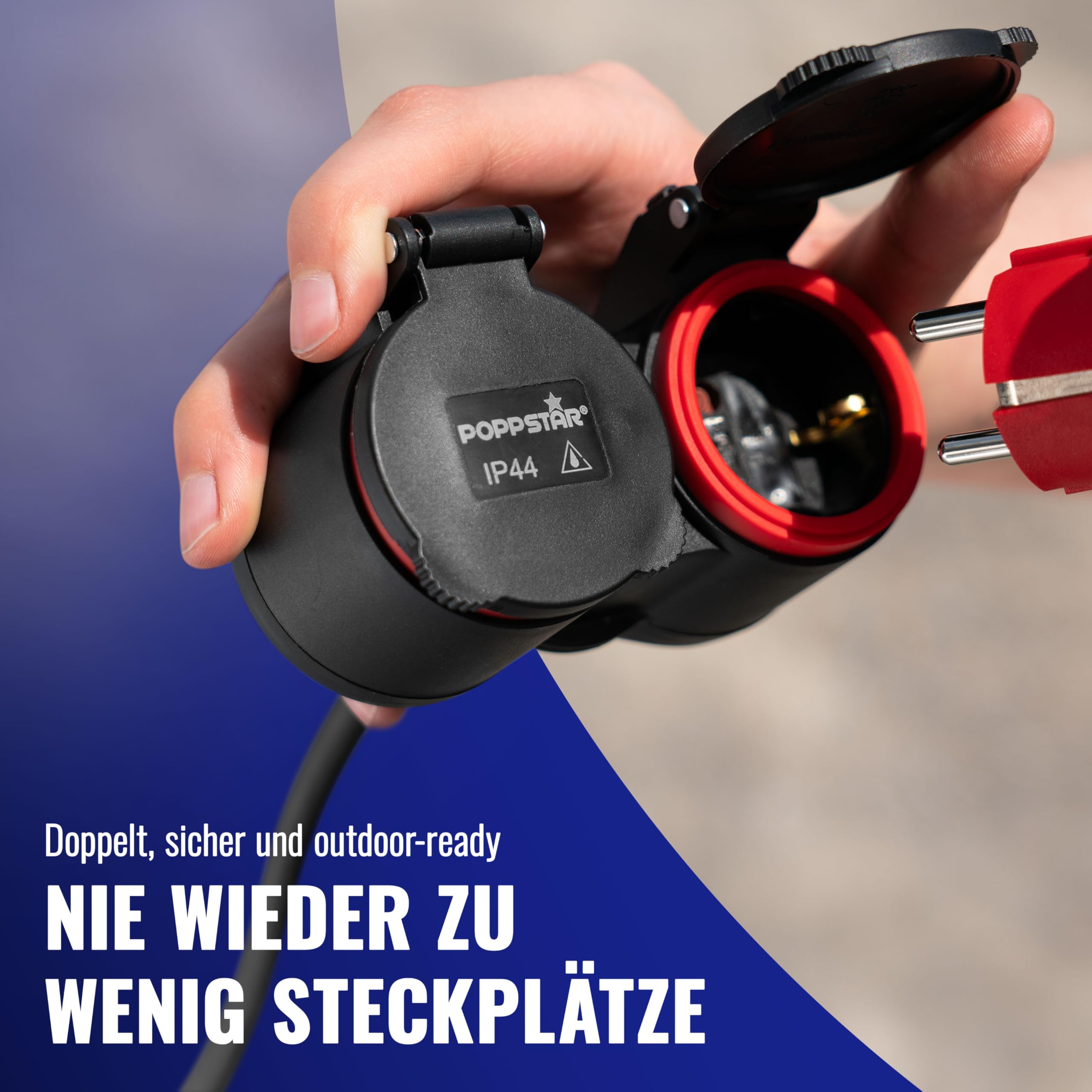 Poppstar Verlängerungskabel Outdoor 10m (Schuko Doppelsteckdose 2-Fach, IP44, 16A/3680W, H05RR-F 3G1.5), schwarz/rot