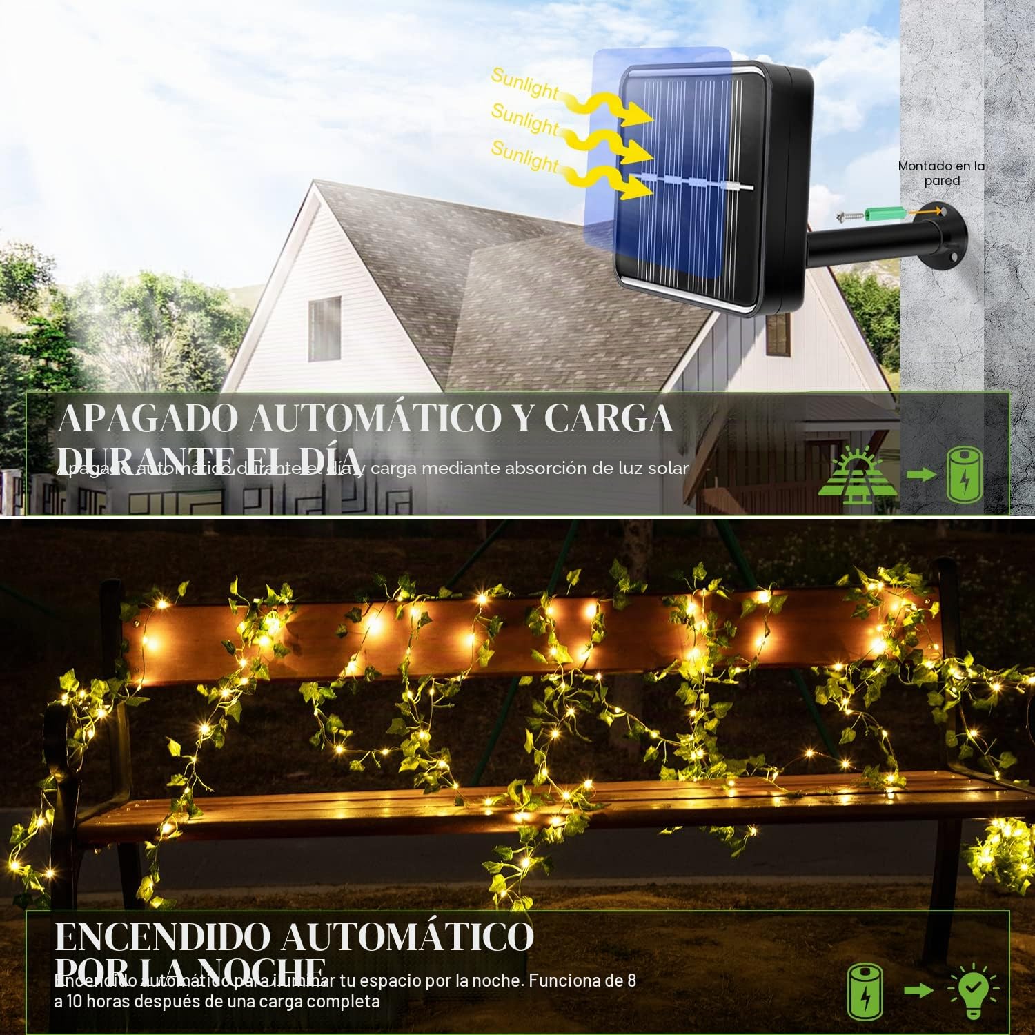 A.bigwhale 12M 120 LED Guirnalda Luces Exterior Solar, Hiedra Artificial con Luces Solares, 8 Modos Impermeable LED Solar Luz Alambre Cadena de Luce Solares Decoración