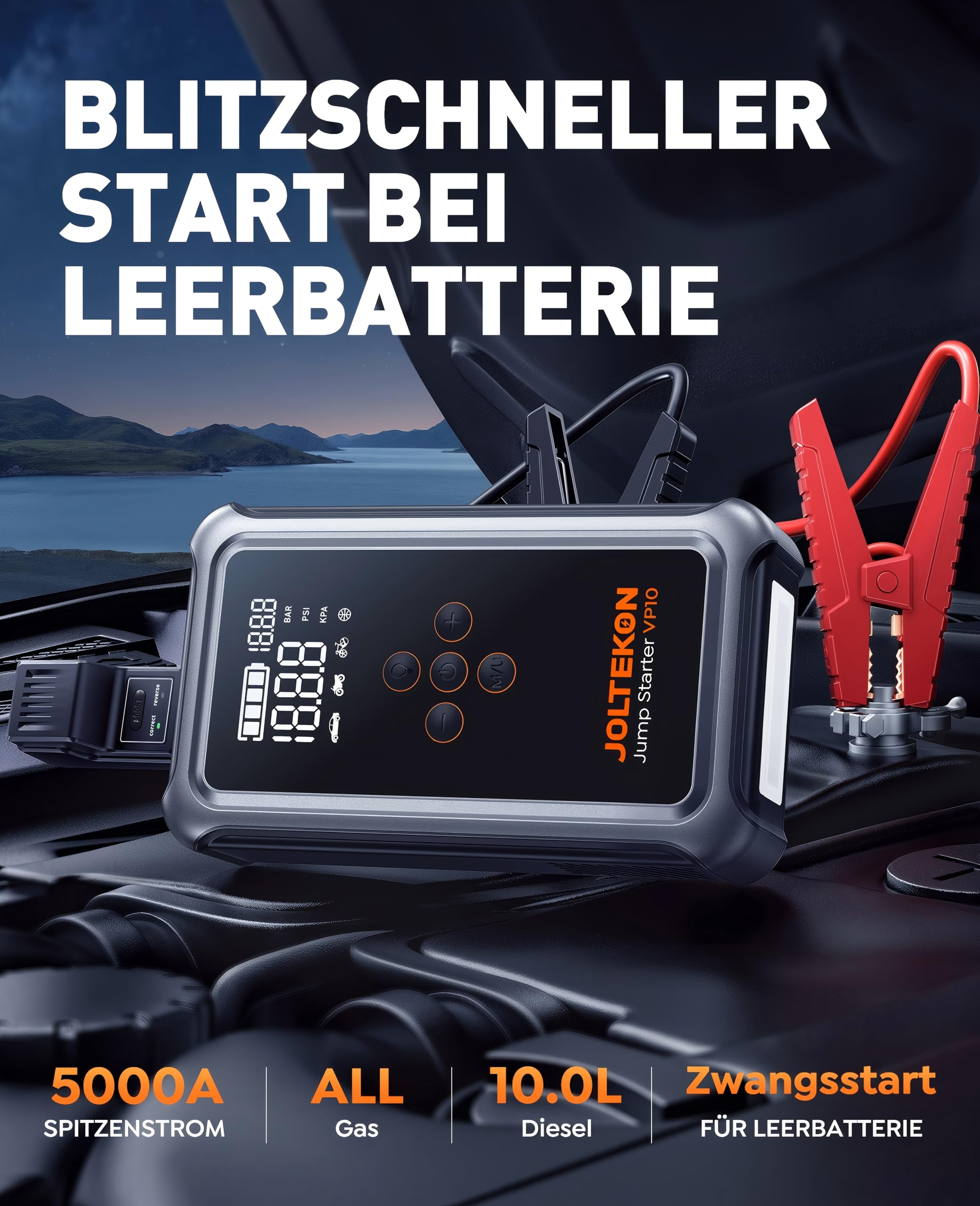 5000A Starthilfe Powerbank für Pkw mit 150PSI Kompressor, Auto Starthilfe Powerbank 12V für Benzin & 10,0L Diesel, Powerbank Auto Starthilfe mit Zwangsstart, LED, USB-C