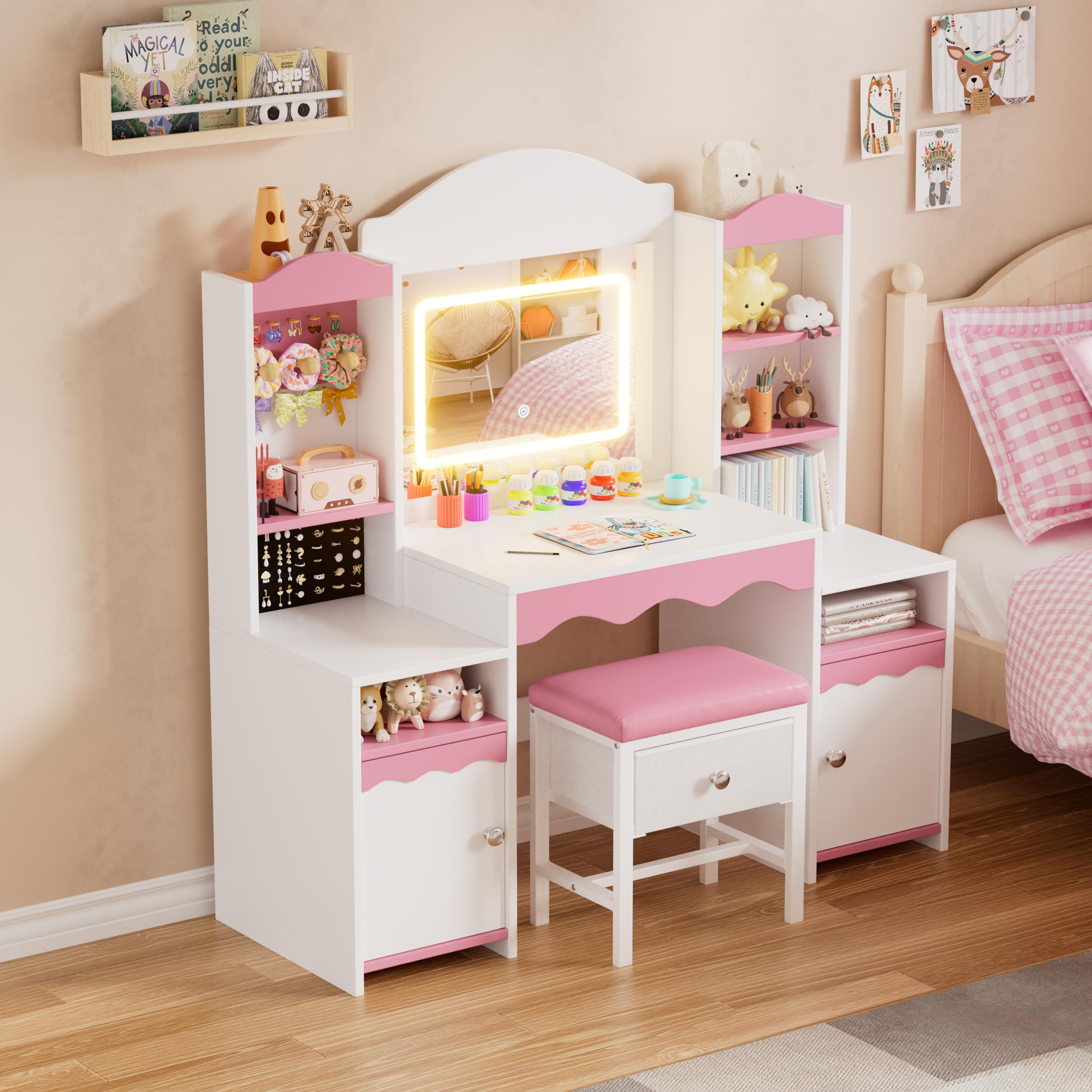 MSFE 2 en 1 Coiffeuse Enfants avec LED Miroir & Chaise, Coiffeuses en Bois avec Support pour Bijoux, Grand Rangement, Ensemble de Bureau Enfant, Table de Maquillage pour Chambre à Coucher