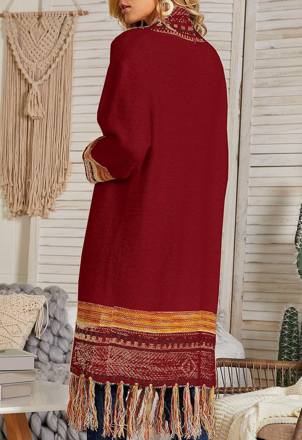 FERBIA Women Boho Cardigan Sweater Long Open Front Maxi Knit Sweaters Aztec Tribal Tassel Fringe Thin Coat - Image 3