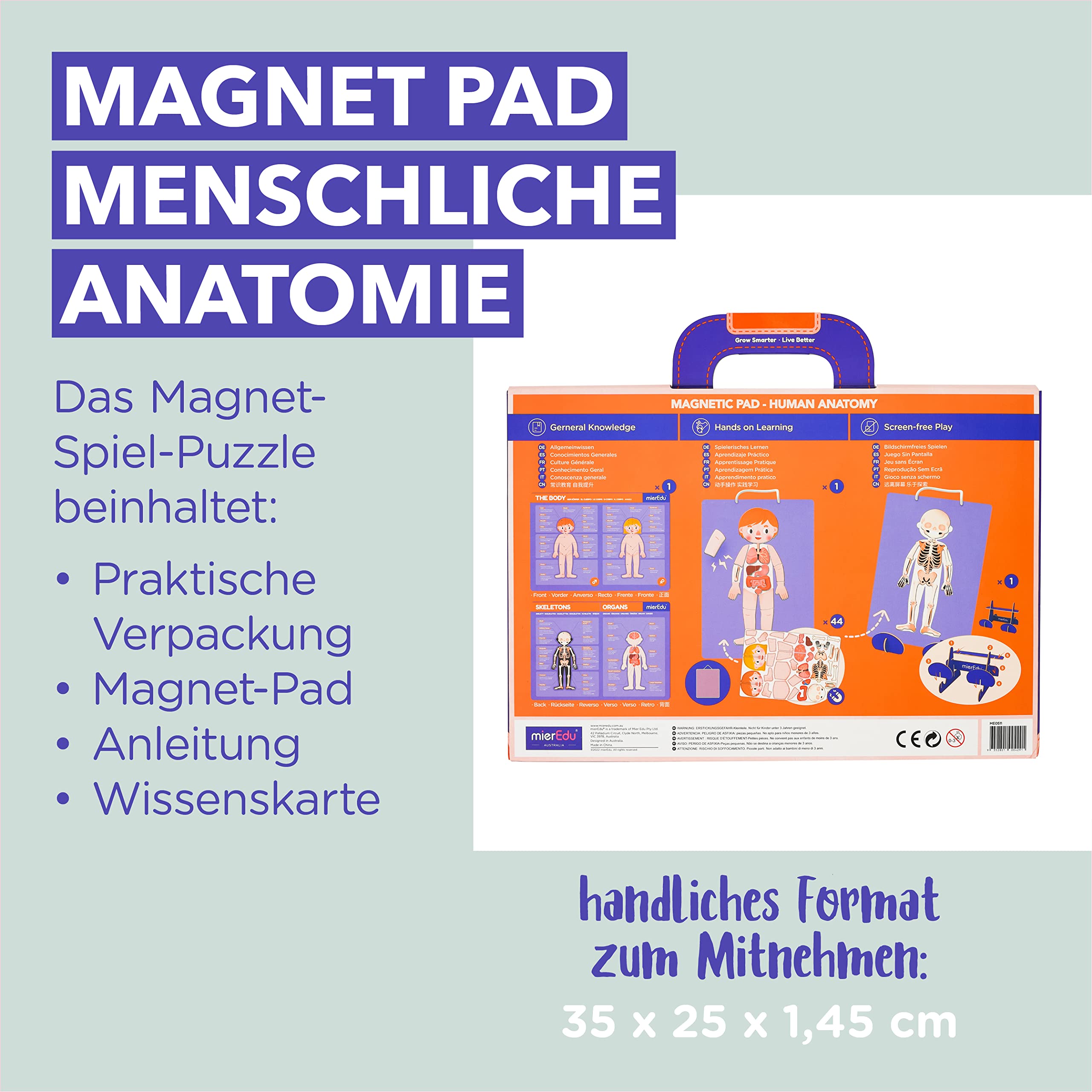 mierEdu Magnetpuzzle Menschliche Anatomie, Magnetisches Lernspiel für Kinder ab 3 Jahren, Montessori Spielzeug zur Förderung des Körperverständnisses, Magnettafel & Puzzle Pad für spielerisches Lernen