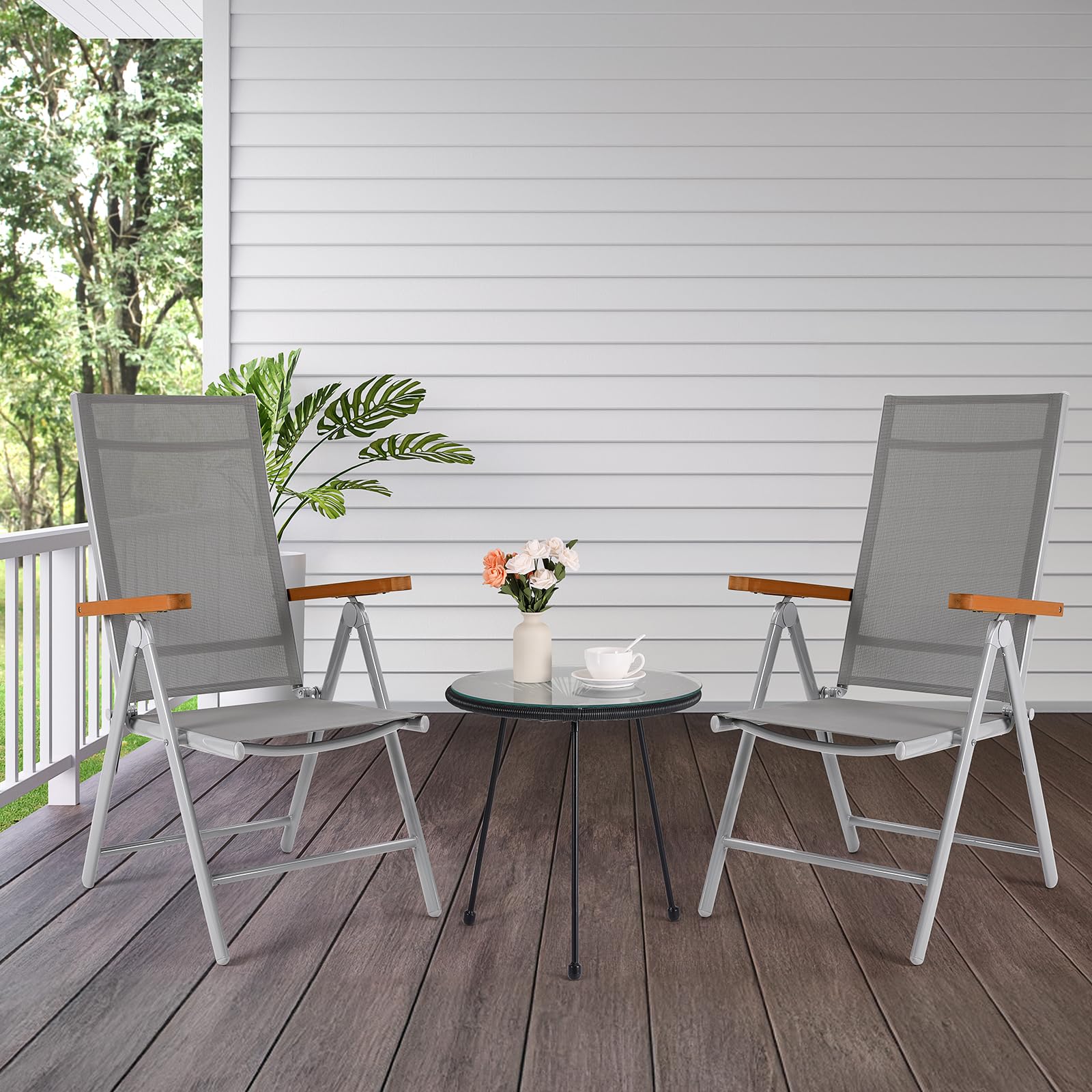 LIFERUN Gartenstühle Alu 4er Set, Gartenstuhl Hochlehner Klappbar mit 7-Fach Verstellbar Rückenlehne, Teakbraun WPC Armlehnen, Balkonstühle bis 120kg, Leicht Campingstühle, Komfortabel Wetterfest 4pcs