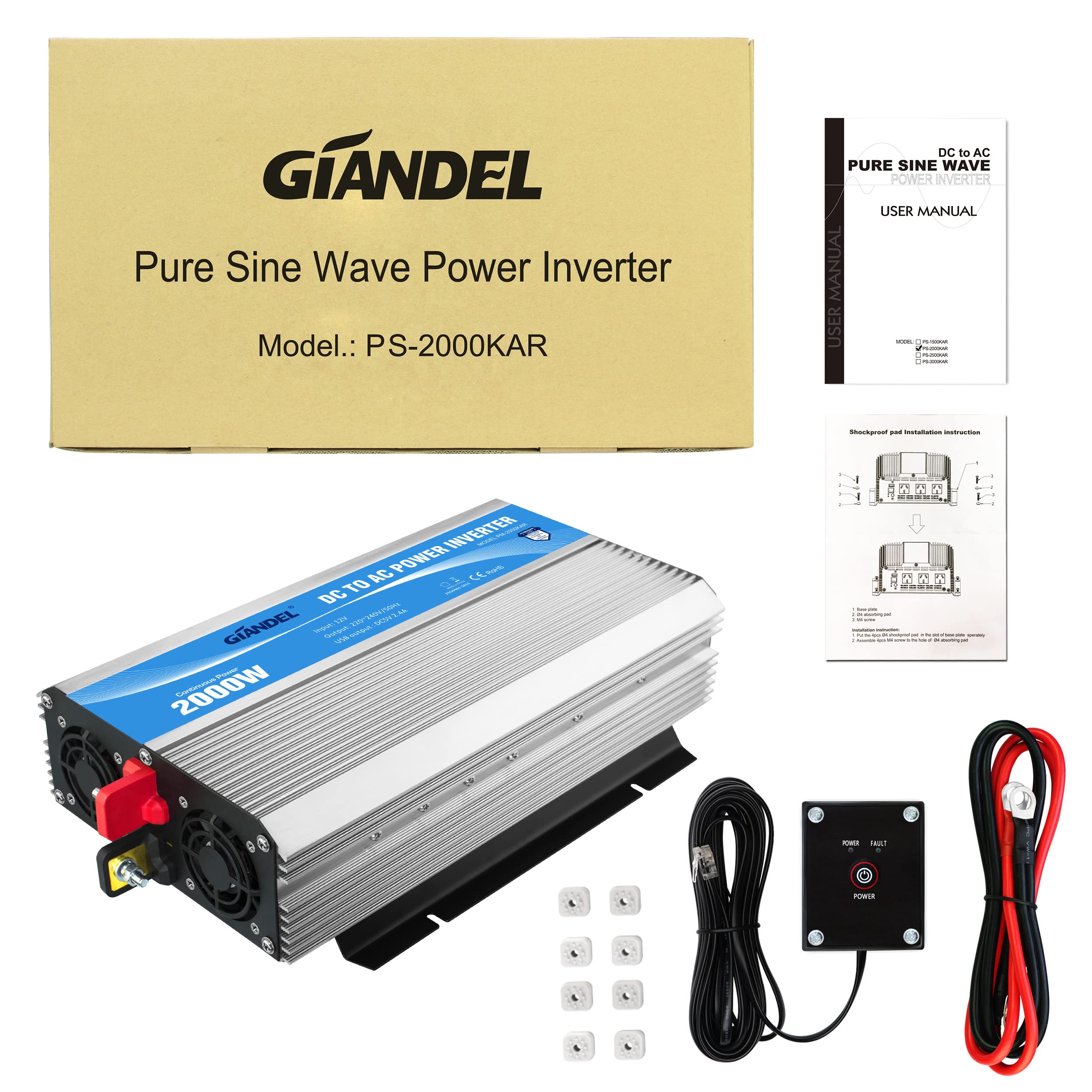 GIANDEL 2000W Wechselrichter 12V auf 230V Reiner Sinus Spannungswandler | Kompatibel Lithium-Batterie, Für Wohnmobil, LKW, Zuhause, Off-Grid Solarstrom Umwandler-Inverter mit LED-Anzeige