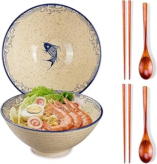 2 x 40 OZ ceramic ramen bowls, 8 IN large Japanese noodle soup bowl, match chopsticks and spoons, suitable for Pho, Udon Asian noodles (Japanese fish 2 set)
