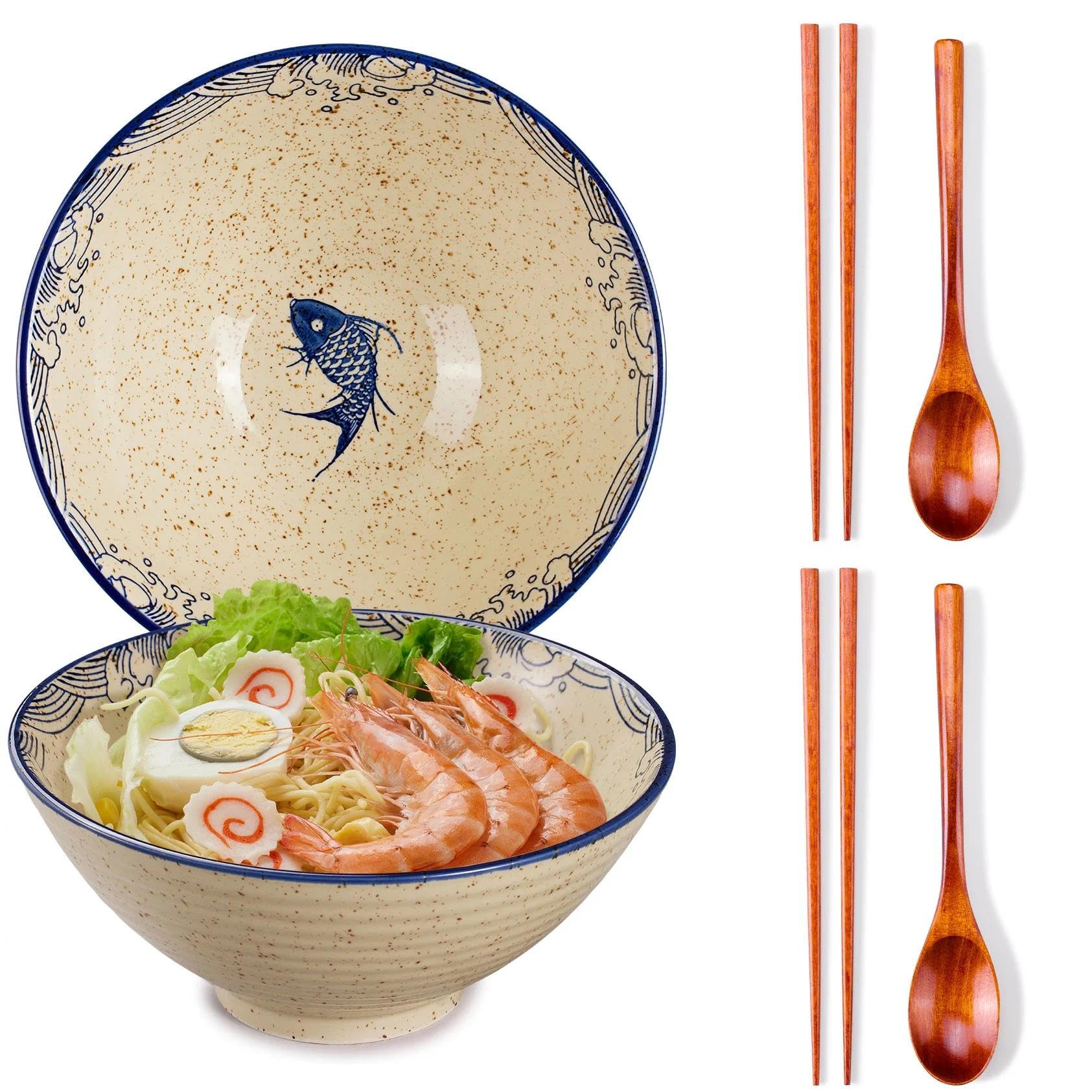 2 cuencos de cerámica para ramen de 40 onzas, cuenco grande de sopa de fideos japoneses de 8 pulgadas, palillos y cucharas a juego, adecuados para Pho, fideos asiáticos Udon (juego de 2