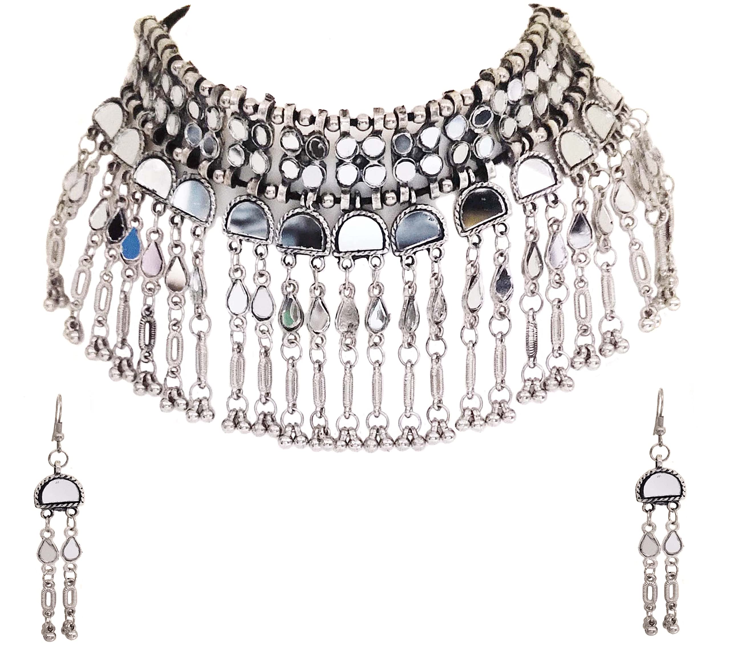Total Fashion Latest Stylish Boho Trible Silver Oxidised Mirror Choker Necklace Jewellery Set Women for Girls (B09NJ4JKC4) Amazon Price History, Amazon Price Tracker