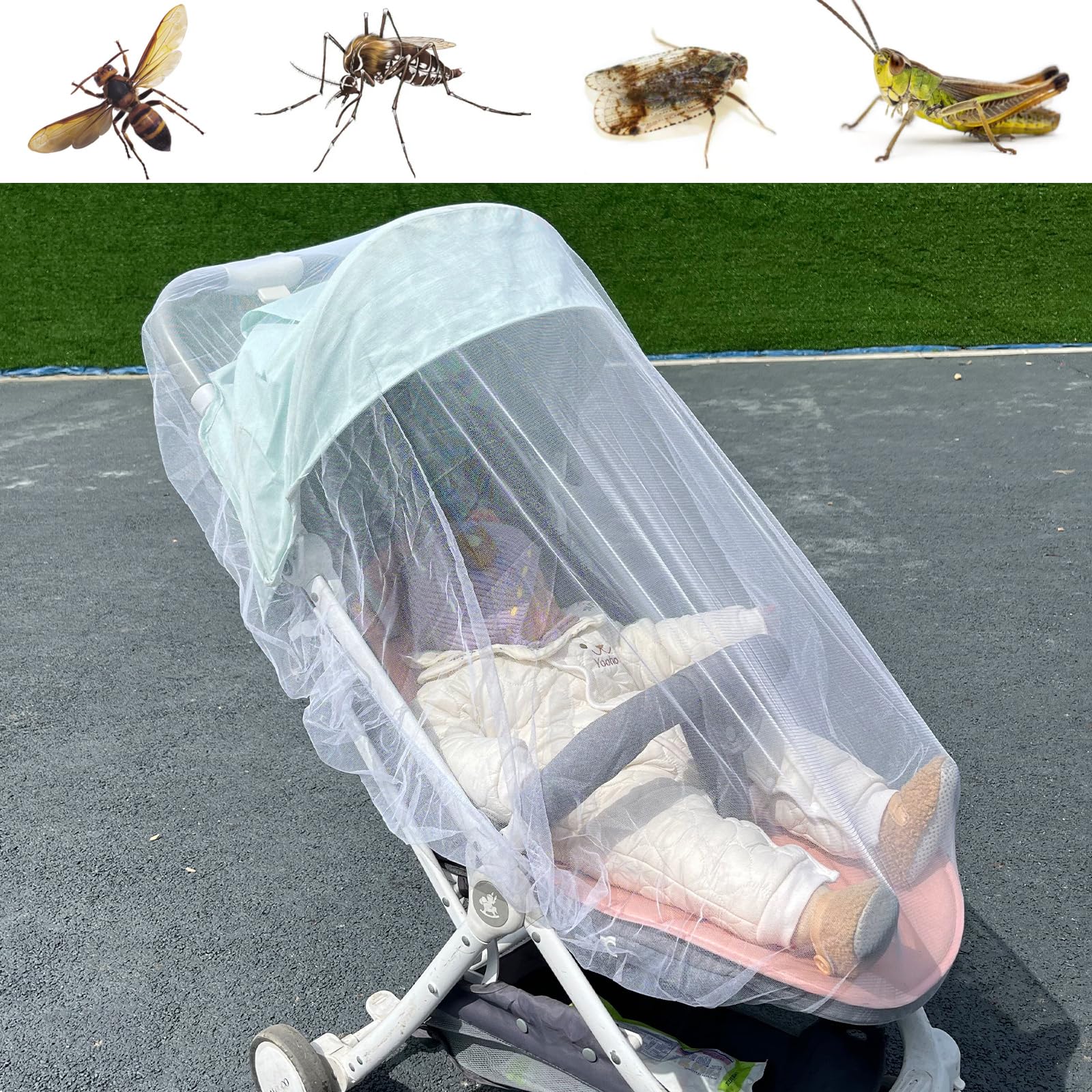 Universal Mosquitera Carrito Bebé, RISVOWO Mosquitera Universal para cochecitos y sillas de Paseo protección Ideal contra Avispas y Mosquitos Gracias a su Fino Tejido de Malla, Resistente y Lavable