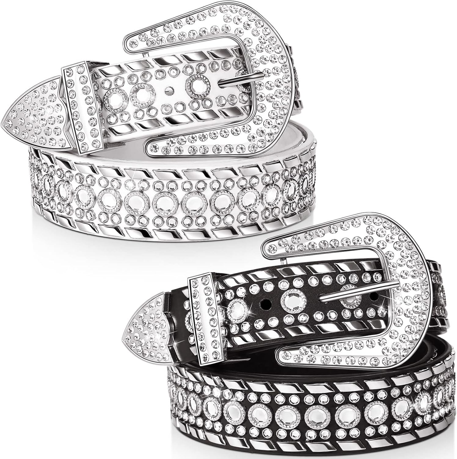 Geyoga 2 Pcs Rhinestone Belt for Women Bling Studded Western Cowboy Cowgirl Leather Belt for Jeans Pants(Fits Waist Size 31-37 Inch)