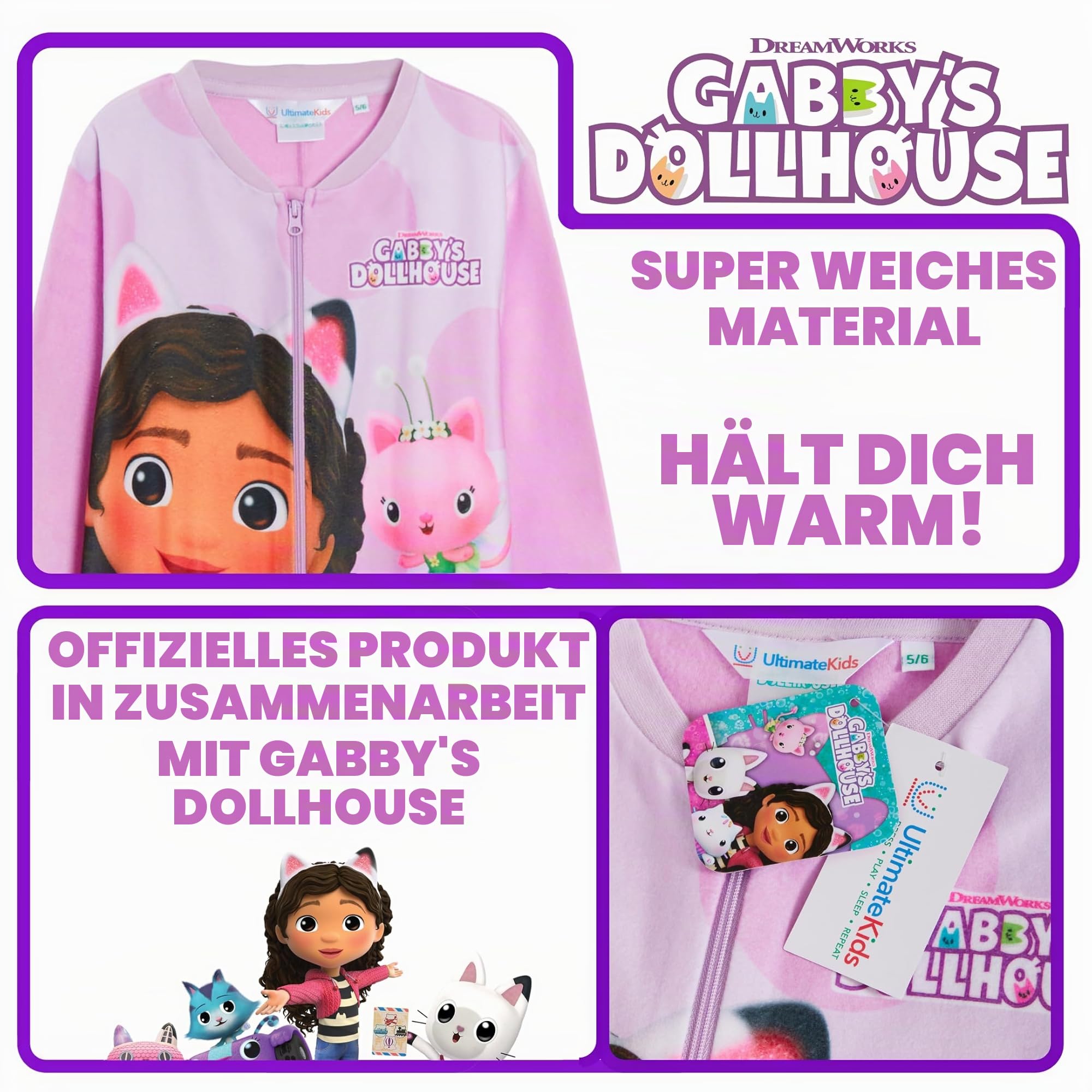 gabby's dollhouse Einteiler für Mädchen All In One Gabby Pyjama Kinder Fleece Pjs Warm Loungewear