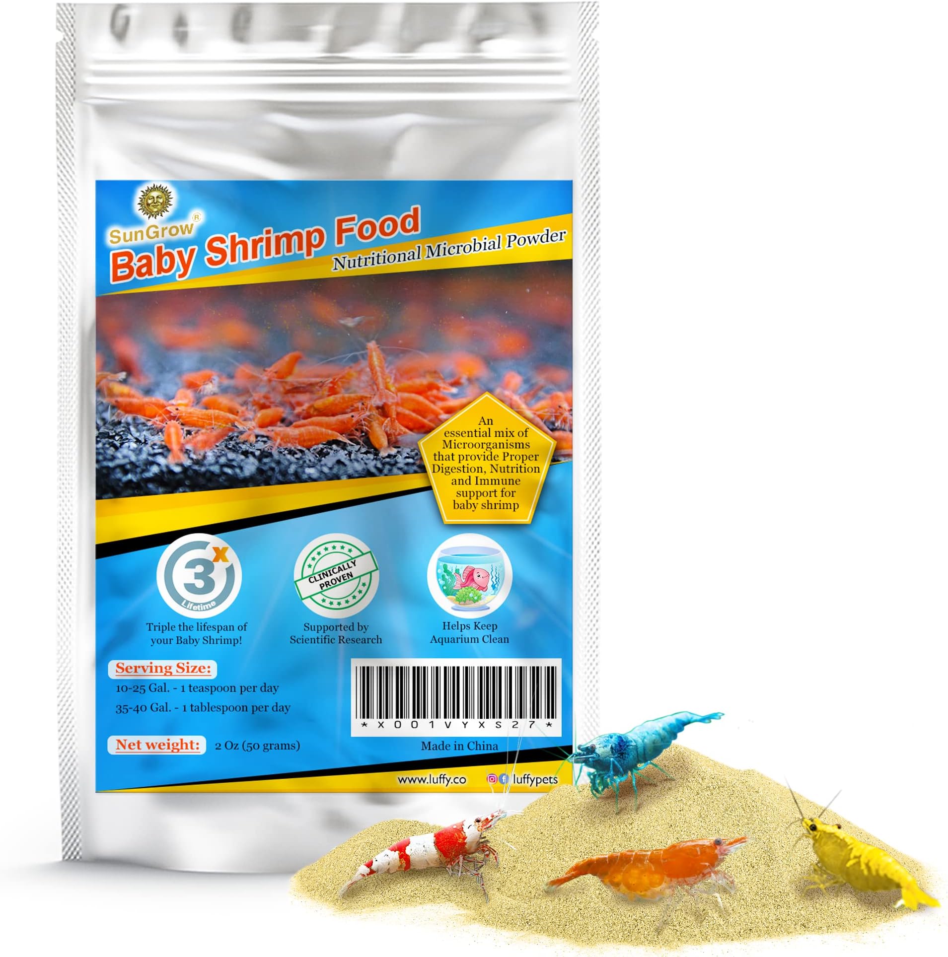SunGrow Baby Shrimp & Fish Fry Food, Essential Yellow Microbial Powder Enzyme, for Proper Nutrition, Digestion and Immune Support, Helps Keeps Aquarium Water Clean, Triple The Survival Rate