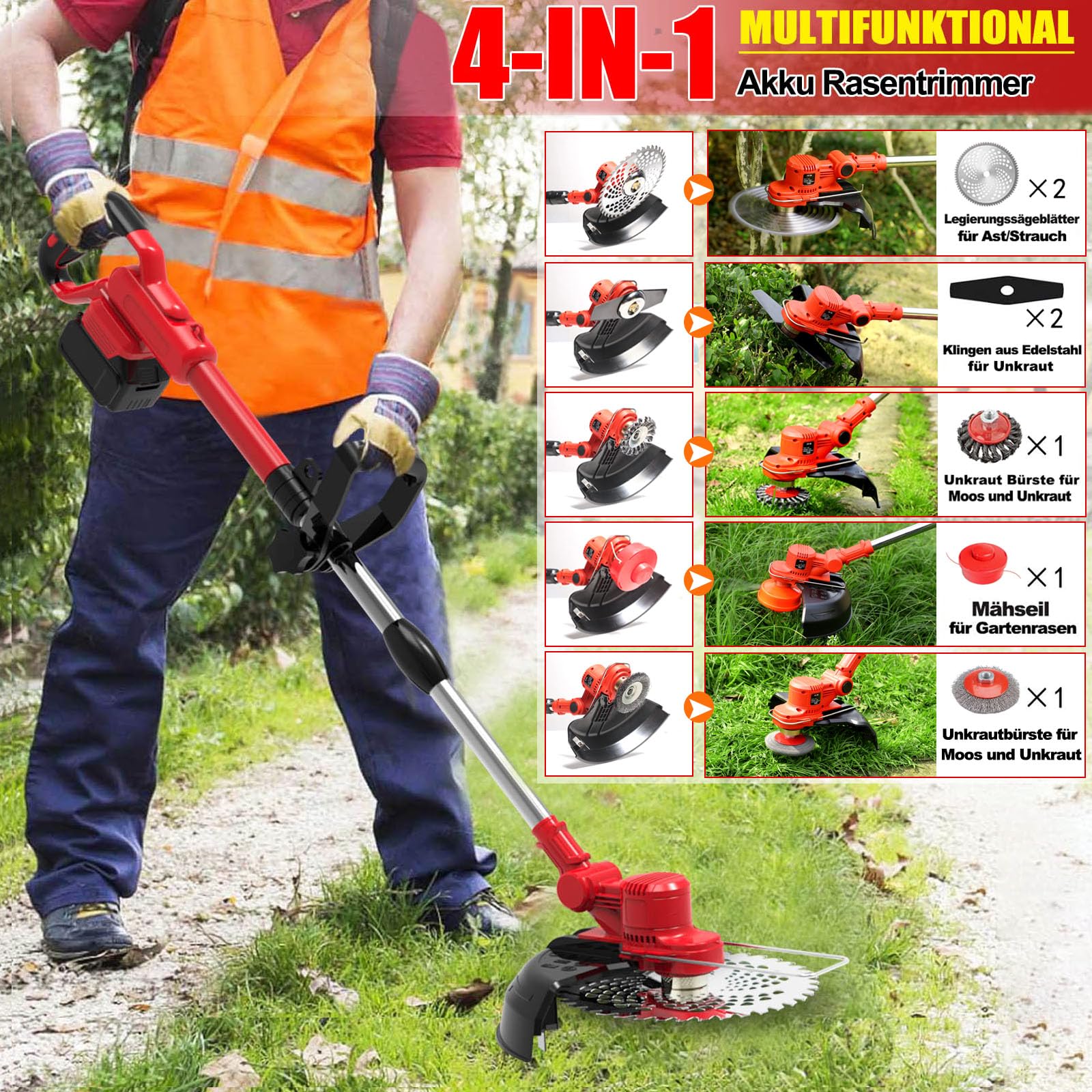 Rasentrimmer mit Akku und Unkrautbürste,21V Akku Rasentrimmer für Makita Akkus,Inkl 2X4.0Ah Akku & Ladegerät,5 Klingentypen Akku Freischneider,90° Drehkopf,für Garden Trimmen,Rot