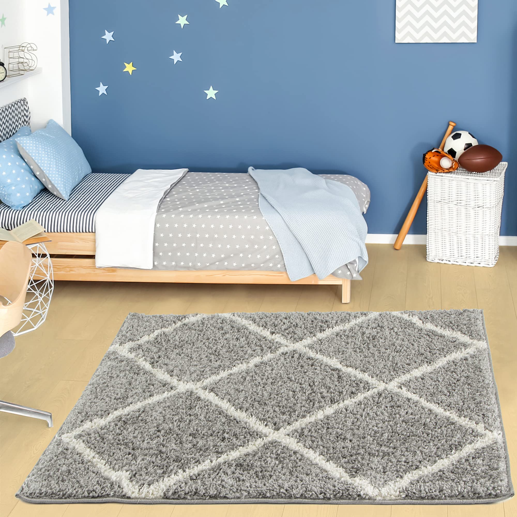 THE RUGS Shaggy Rug – Modern Moroccan Design Rugs for Living Room, Bedroom, Hallway, 3 cm Thick Area Rugs, (Diamond Grey/Ivory, 120cm Square)