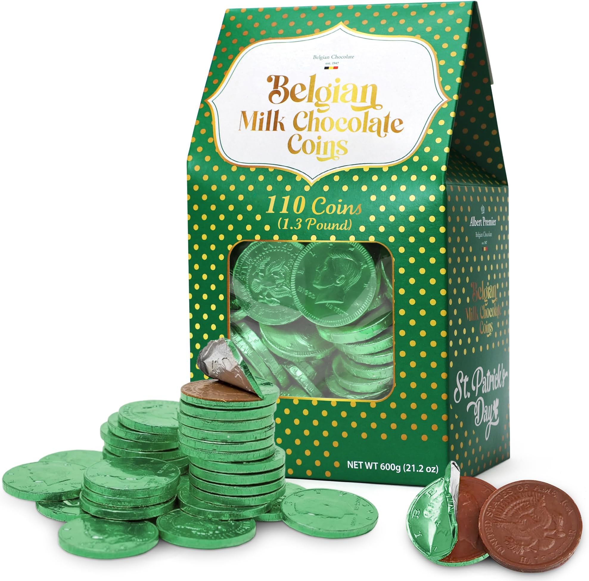 Belgian Chocolate Coins Bulk Pack - Approx. 110 Green Foil Wrapped Milk Chocolate Coins Candy For Party Favors, Gift Bags & Treats
