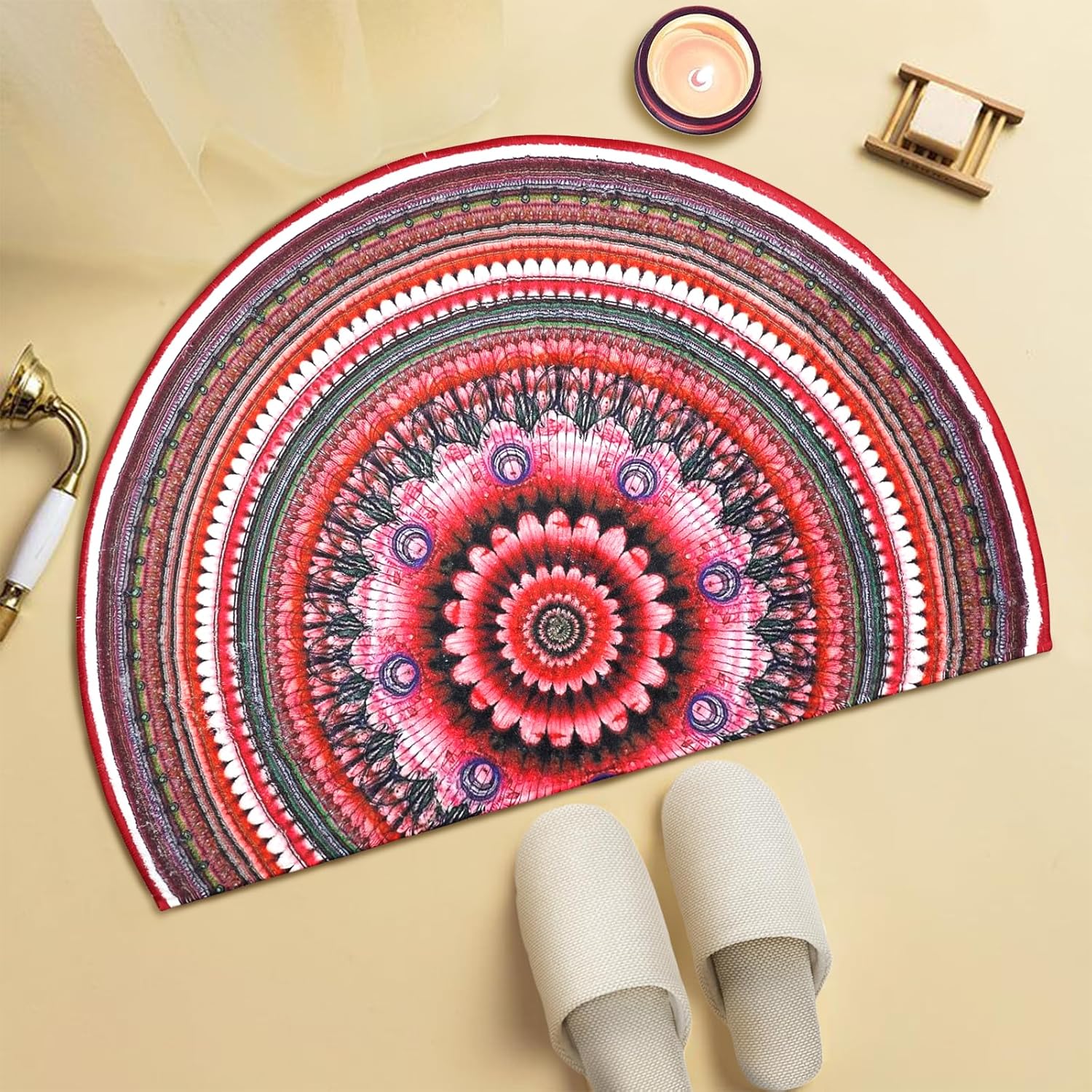 Jizrecly Bohemian Half Circle Bath Mat, Boho Semi Circle