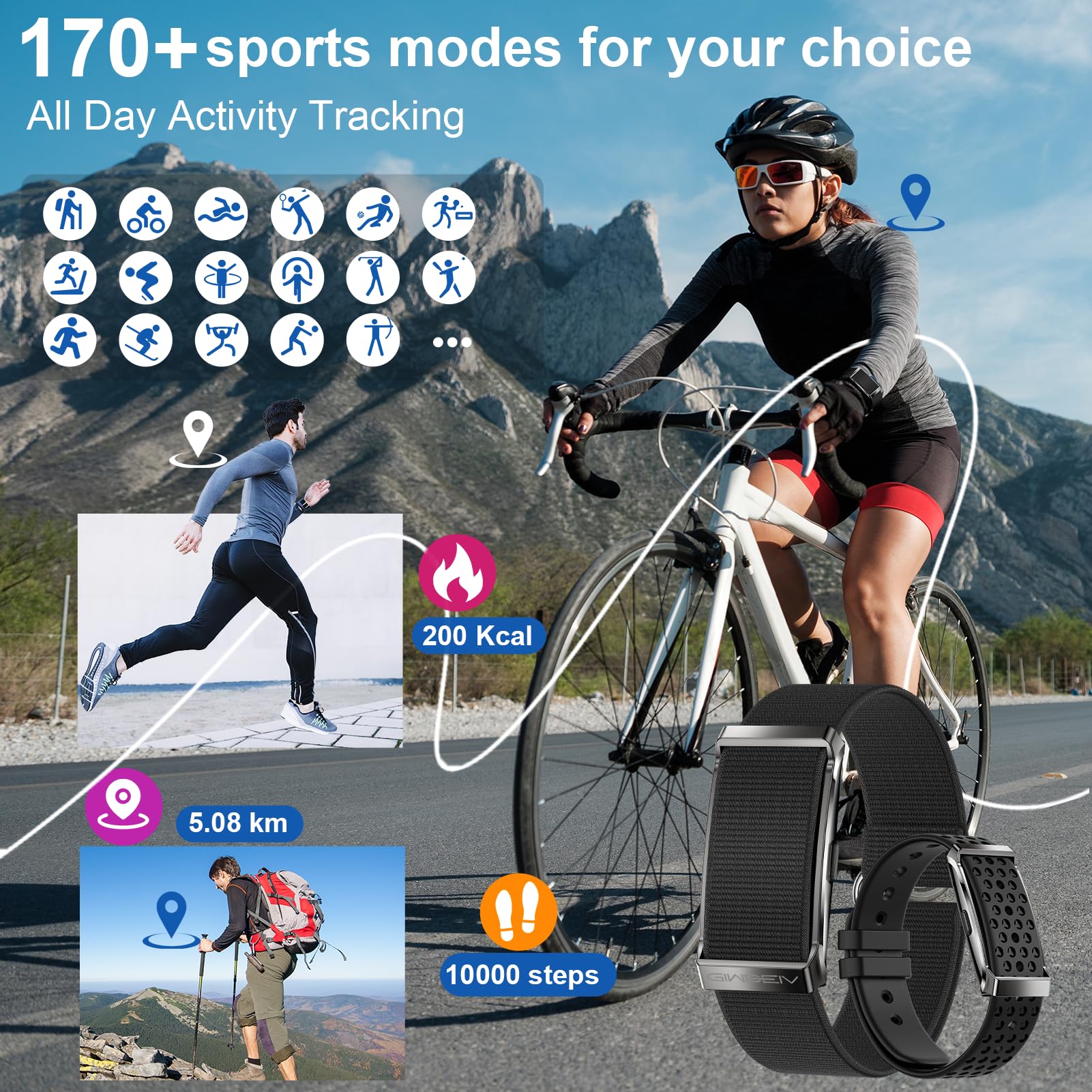 Smart Bracelet for Men Women,24/7 Activity & Fitness Trackers Band,Sleep Tracking/Heart Rate/Blood Pressure/ SpO2/ Steps Monitor,170+ Sport Modes Smart Wristband with Free APP 2 Bands -Black