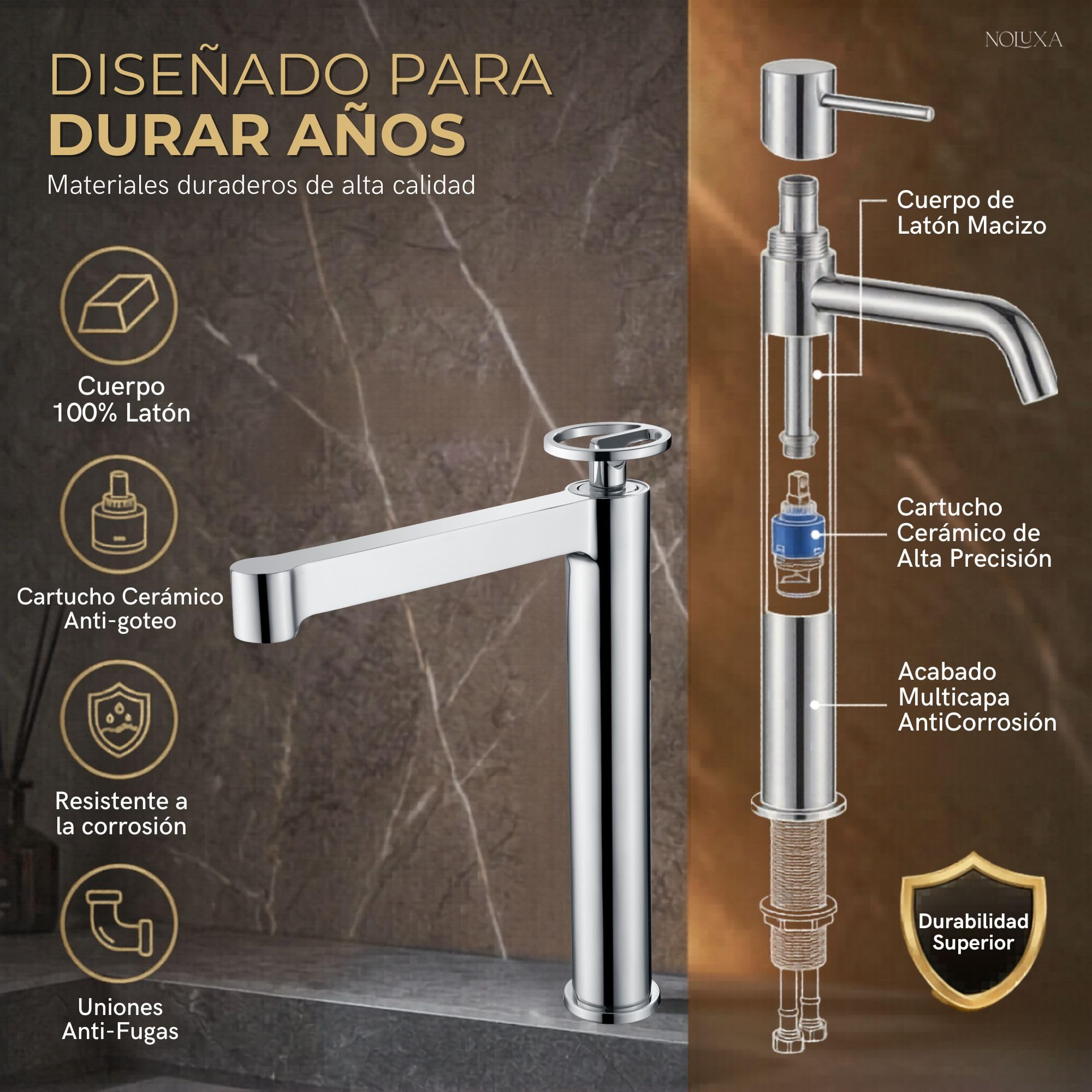IMEX - Grifo Lavabo Cromado Caño Alto | Grifo Baño Mezclador Agua Fria y Caliente | Grifería Monomando Efeto Cascada con Caño de Latón y Ahorro de Agua | Serie Olimpo | Color Cromado