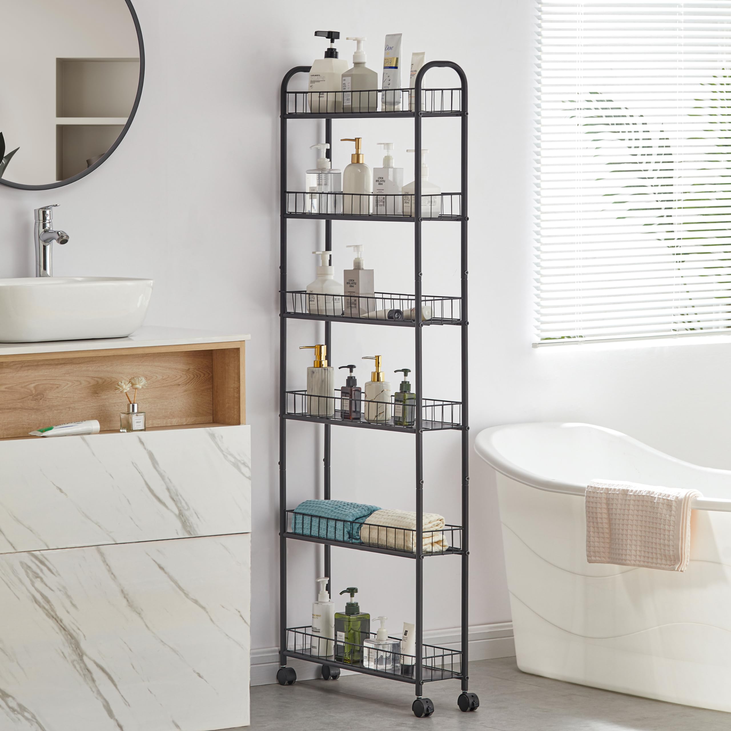 6-Tier Rolling Cart Gap Kitchen Slim Slide Out Storage Tower Rack with Wheels,6 Baskets,Kitchen,Bathroom Laundry Narrow Piaces Utility cart