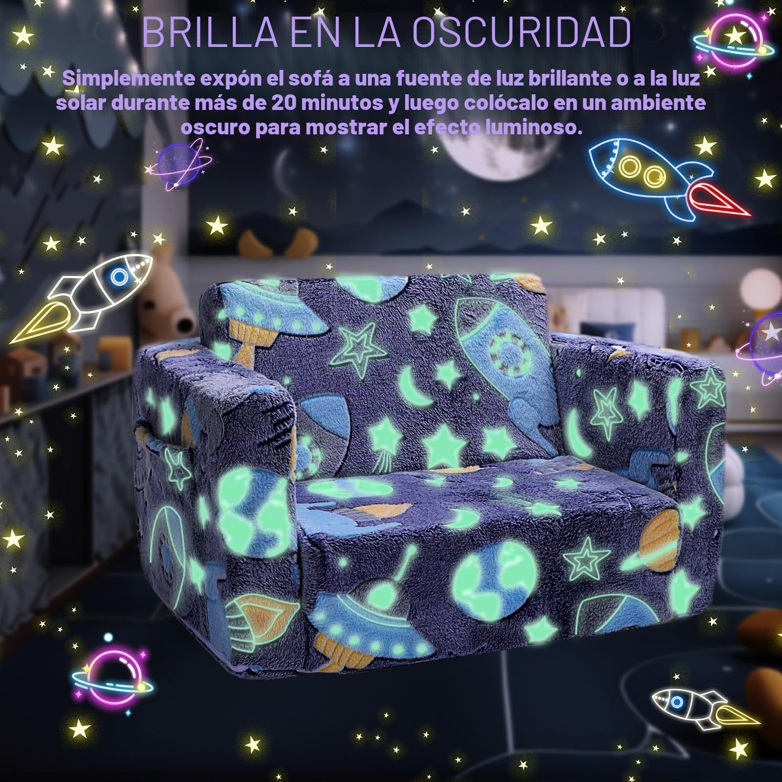 Sofá Cama para Niños 2 en 1 Extra Ancho, Sofá Plegable para niños, Sofá Infantil Plegable de Sherpa Suave con Dinosaurio Brillante, Cama Convertible para Niños/Niñas (Astronautas)