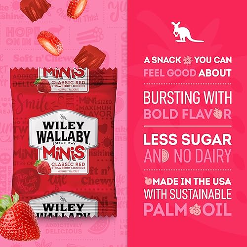 Miniatura 4 de Wiley Wallaby Mini bocados de regaliz de 0.5 onzas, bolsas de dulces de regaliz rojo clásico australiano gourmet suaves y masticables, paquete de 80