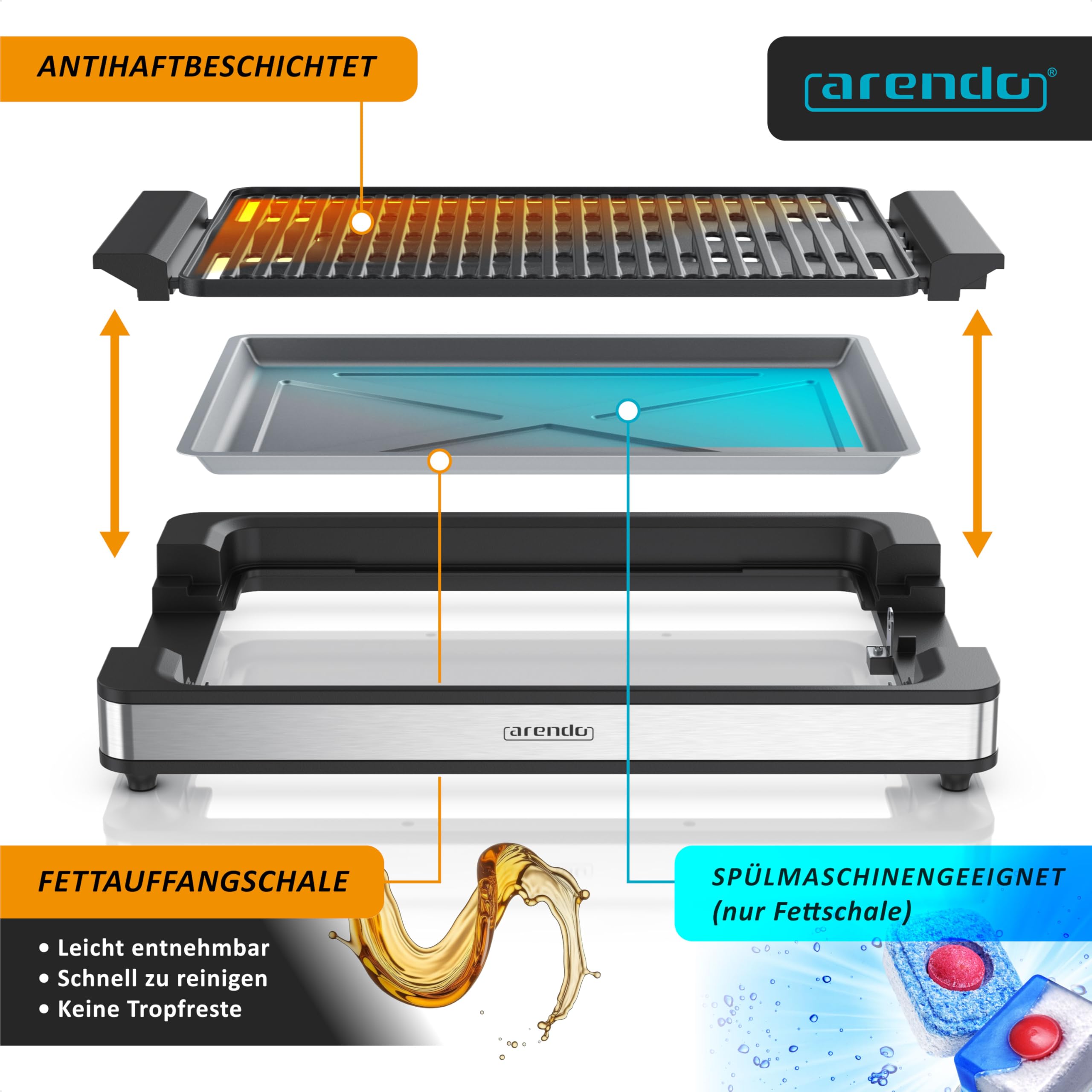 Arendo - Tischgrill Elektrogrill Edelstahl - bis 250 Grad - Steaks, Würstchen, Fisch, Meeresfrüchte, Gemüse, Pilze u.v.m. - für Balkon, Garten, Indoor - starke 1800 Watt - Antihaftbeschichtung