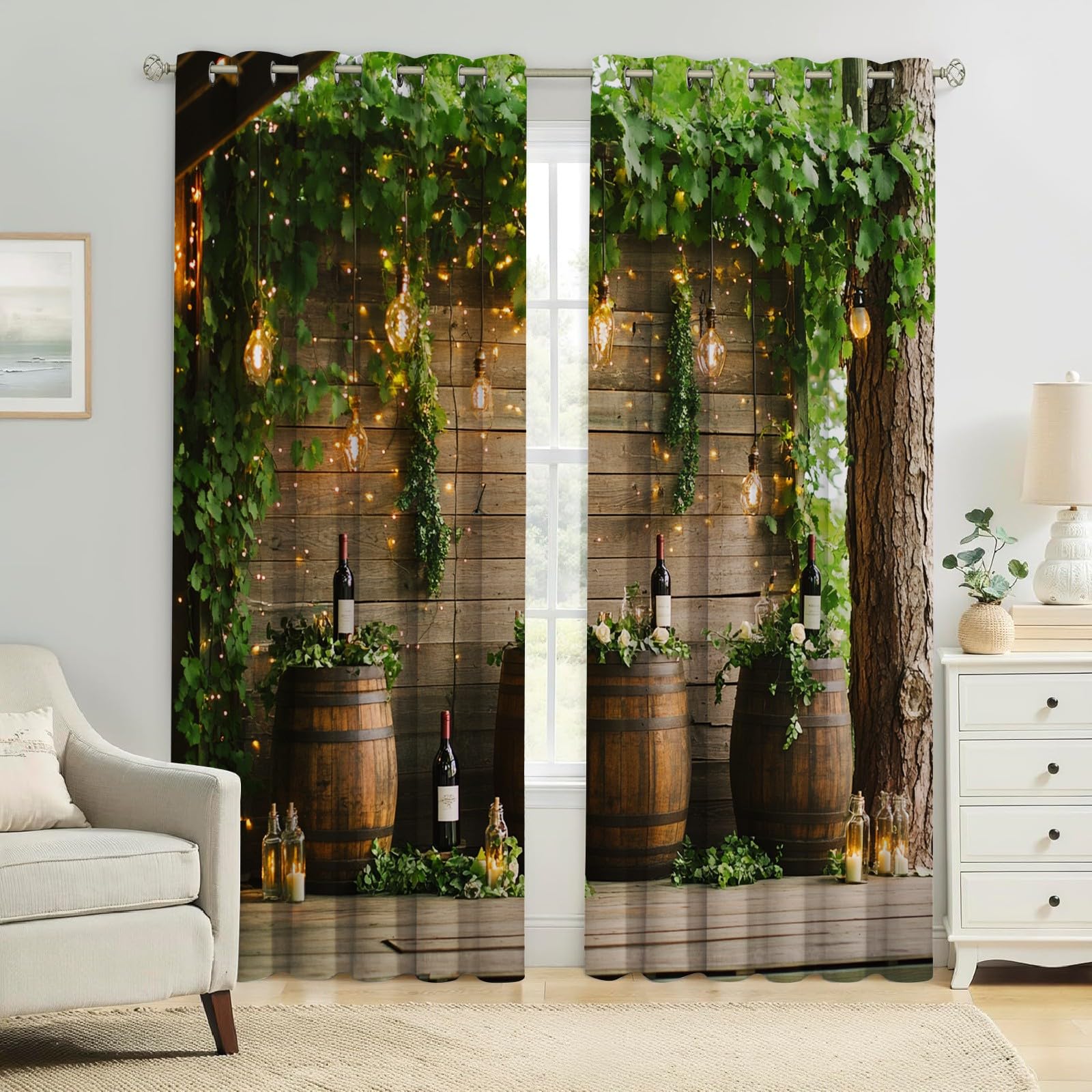 Thermovorhänge Blickdicht Verdunkelung Lichterketten und Holzfässer mit Ösen, Energiesparende Gardinen Grün mit Wärmeschutz für Wohnzimmer Kinderzimmer, 2er Set H245 x B140 cm